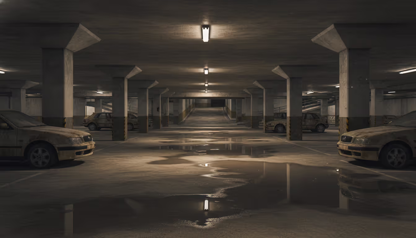 Dark underground concrete parking garage with pillars, dim lighting, puddles on the floor, abandoned vehicles, ramps and stairwells visible in the distance