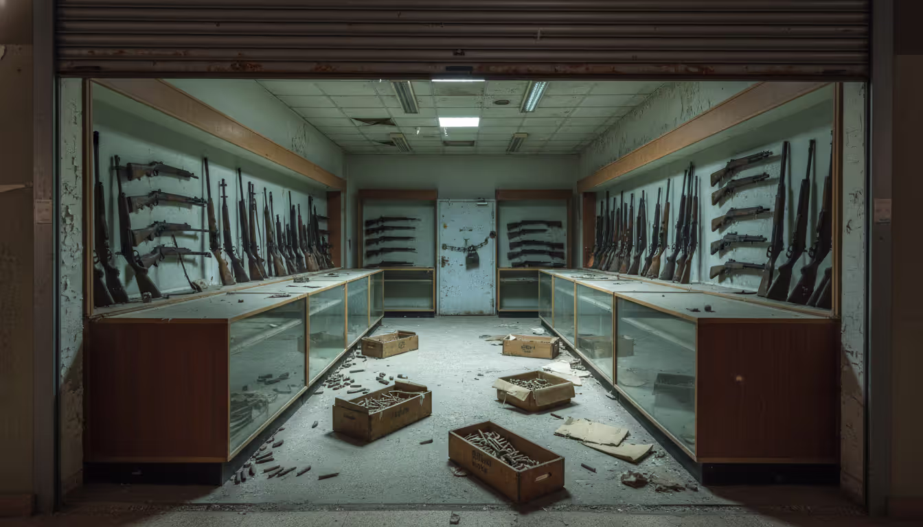 Interior of a fortified gun store inside an abandoned mall with weapon racks on walls, glass display cases, ammo crates, dim lighting, heavy metal shutters at the entrance