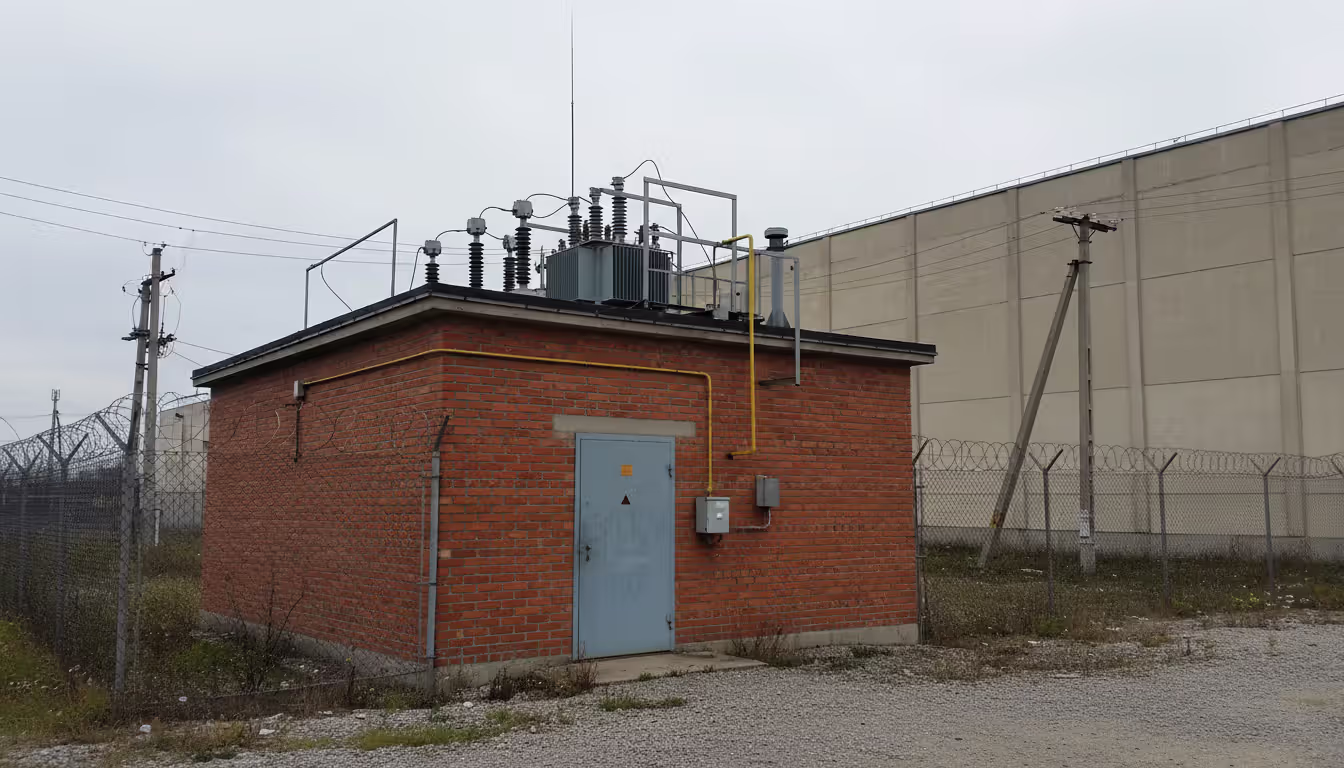 Small industrial power station building with brick walls, metal door, electrical wires and transformers on the roof, chain-link fence, overcast weather, large mall building visible in the background