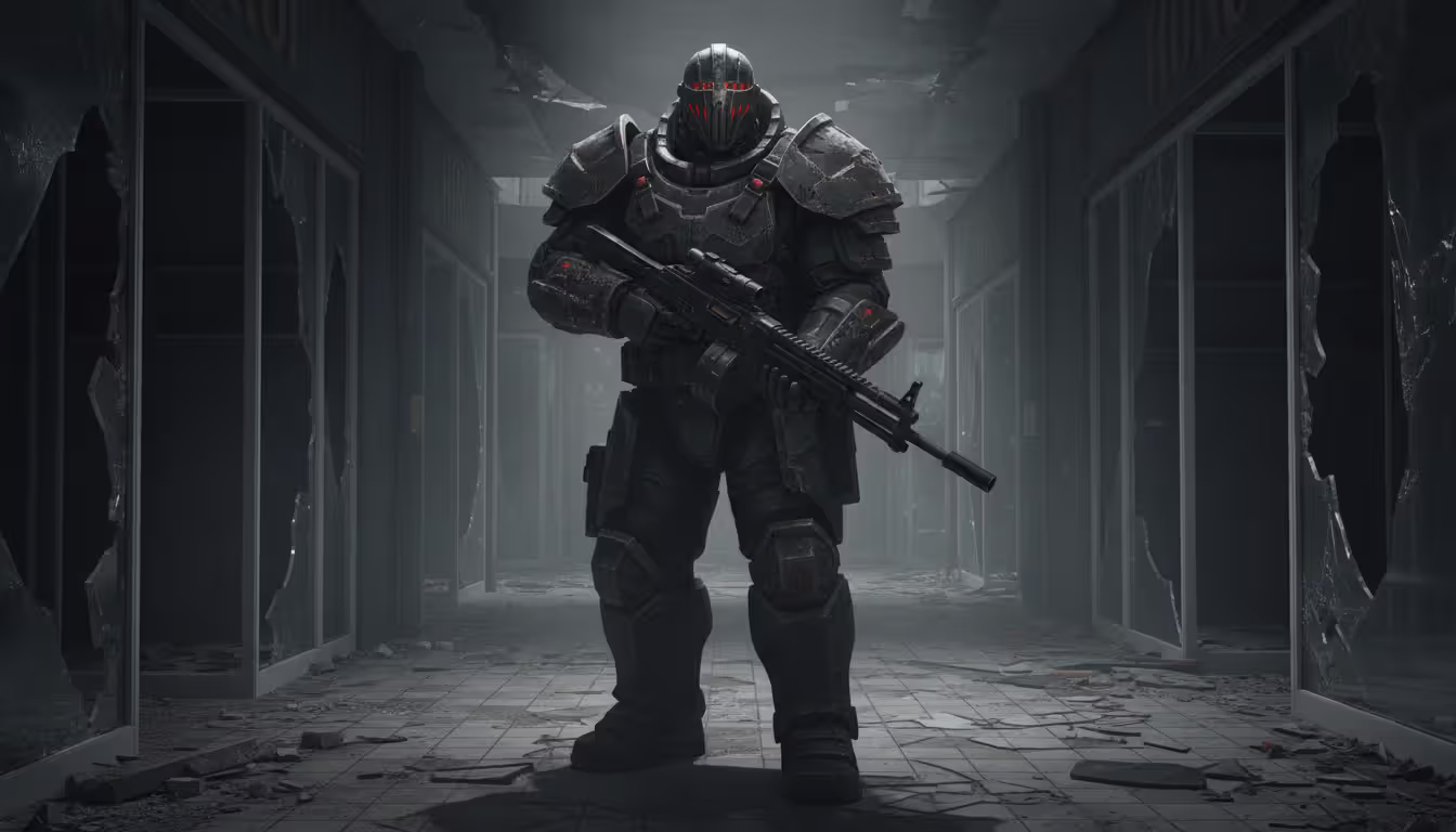 Heavily armored boss character wearing a distinctive visor helmet resembling a hockey mask, standing in a dimly lit mall corridor holding a light machine gun, storefronts and broken tile floor visible around him