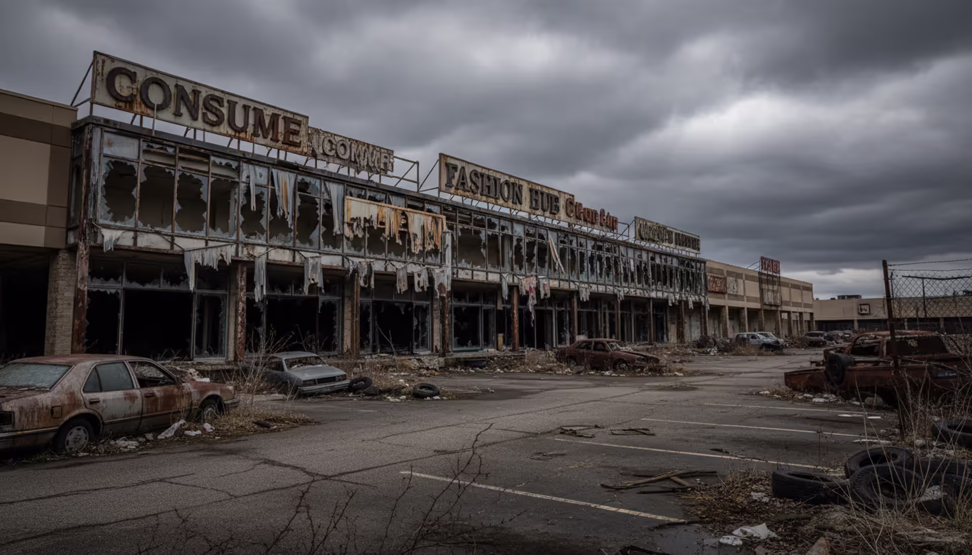 Abandoned shopping mall exterior with broken storefronts, empty parking lot with wrecked cars, overcast sky, post-apocalyptic atmosphere