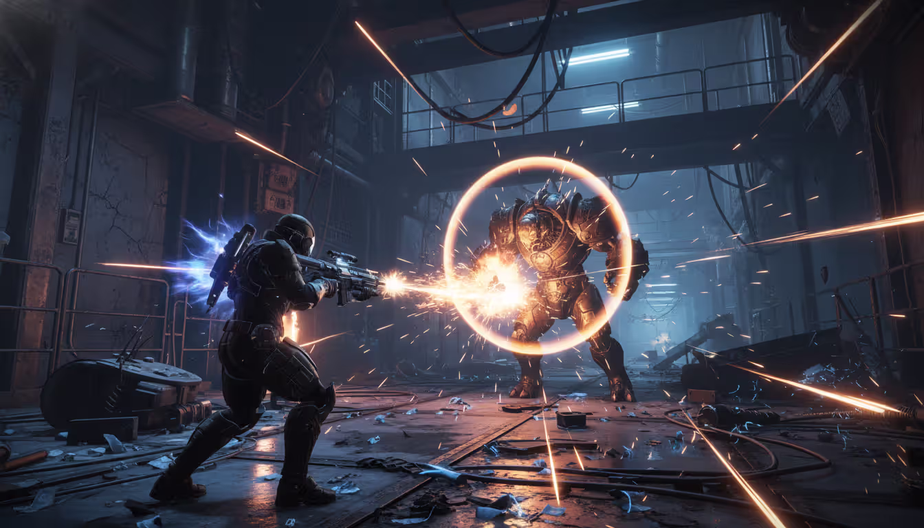 A Destiny 2 Guardian solo fighting a Barrier Champion enemy with an active energy shield inside a dark industrial Lost Sector corridor