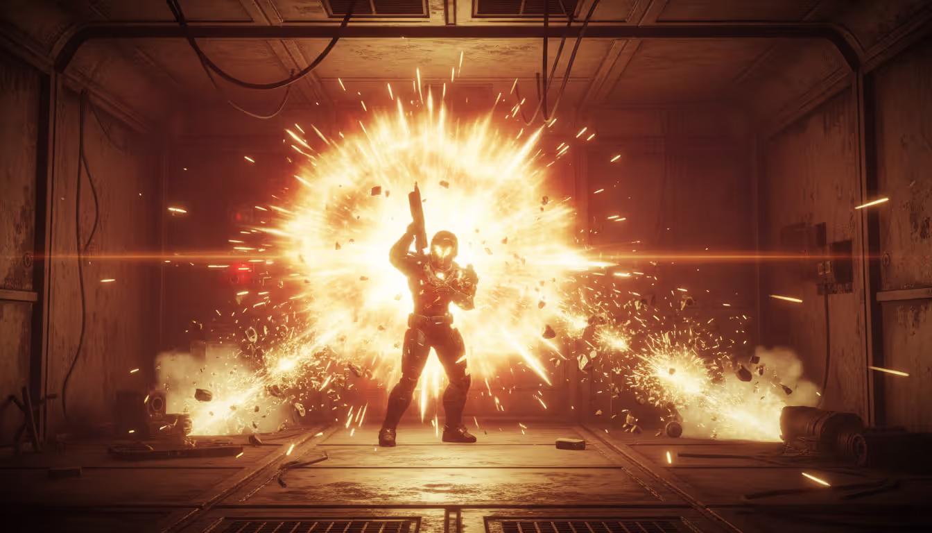 A Destiny 2 Guardian activating a Solar super ability in a tight Lost Sector room, destroying a group of enemies with explosive energy effects
