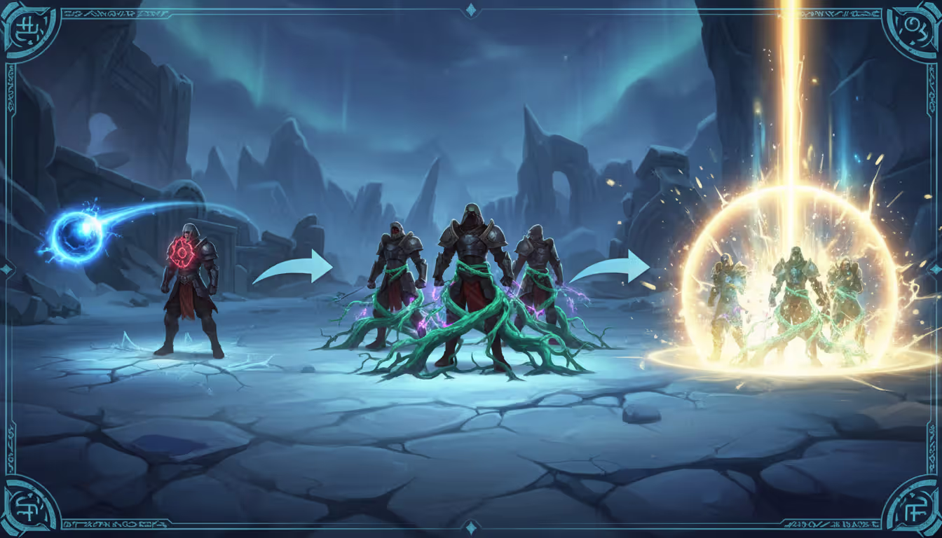 Step-by-step visual combo sequence showing a projectile marking a target then roots locking enemies and finally an energy beam hitting rooted enemies on an icy arena