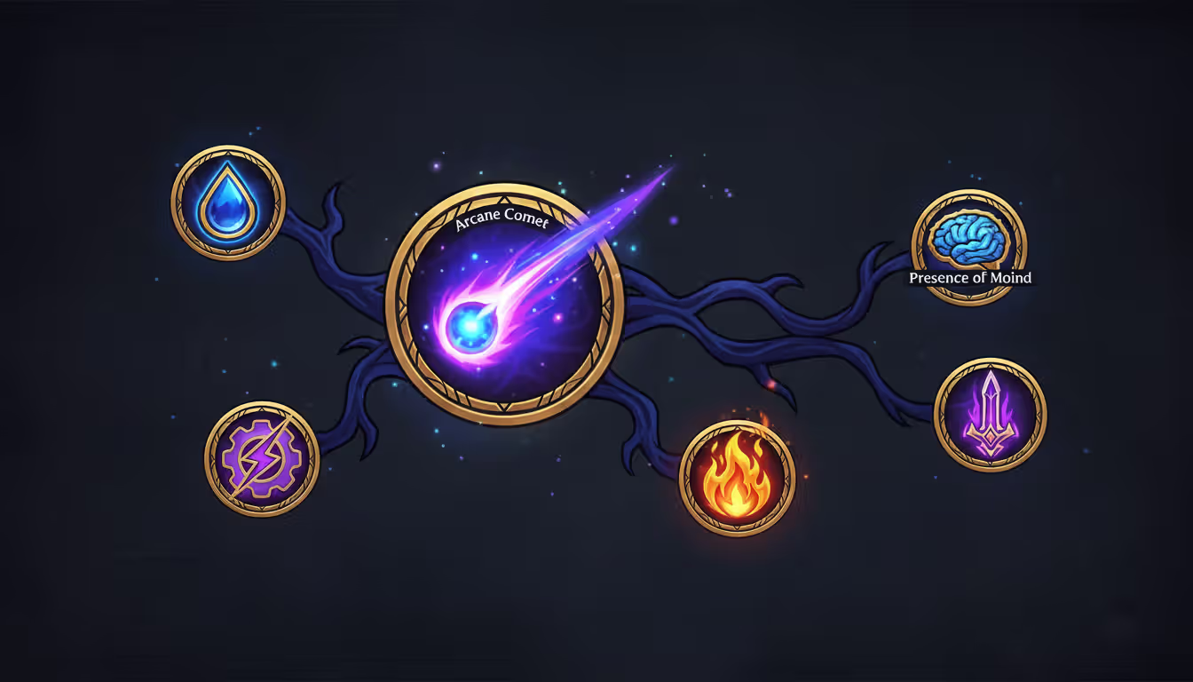 Stylized rune page layout with Arcane Comet as keystone connected to secondary rune icons in blue purple and gold tones on a dark background