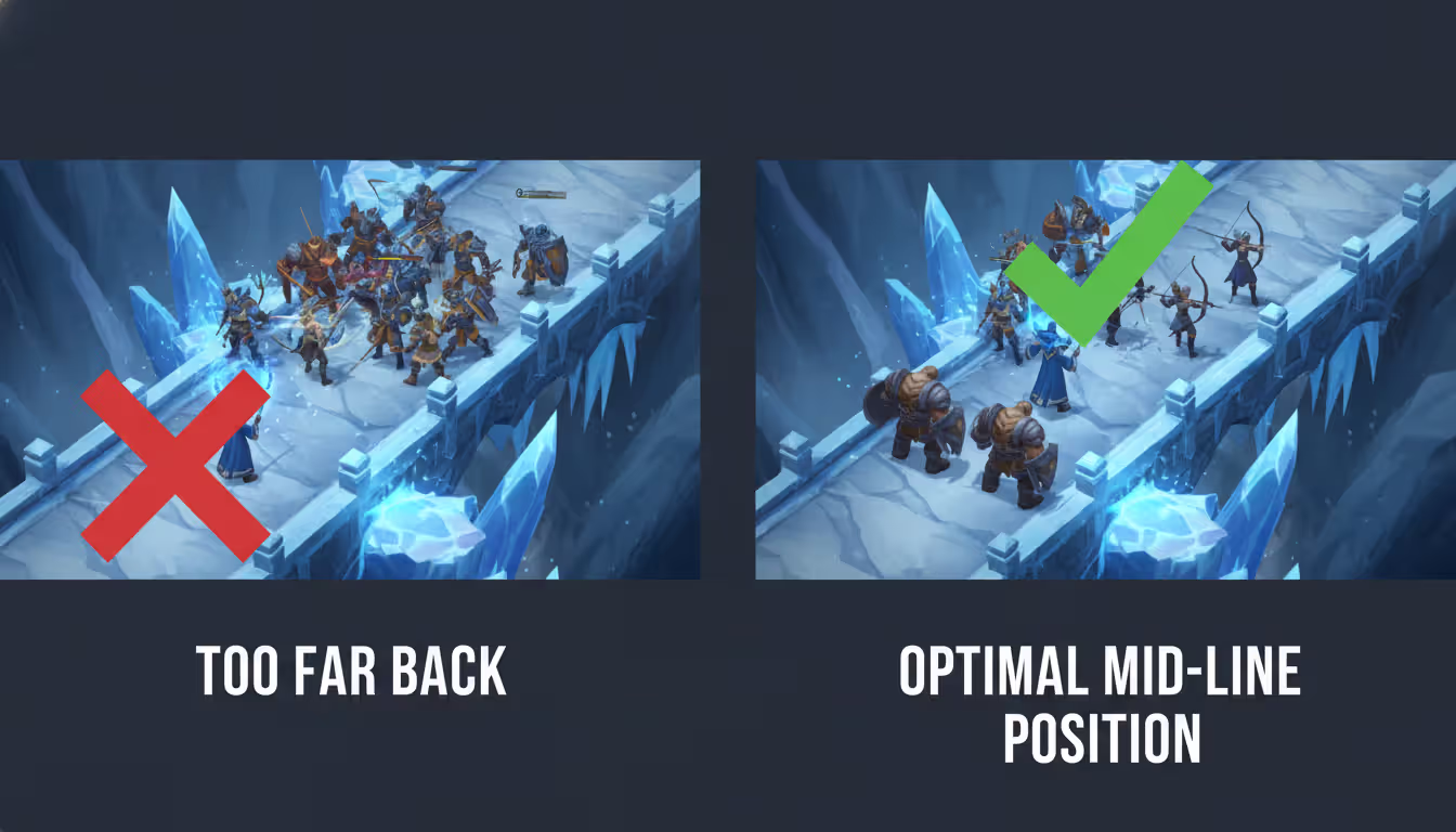 Split screen comparison showing wrong positioning far from fight marked with red cross versus correct mid-range positioning marked with green checkmark during ARAM teamfight on icy bridge