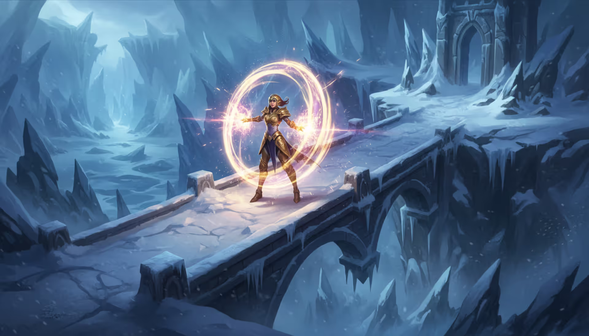 A female mage champion in golden armor standing on the Howling Abyss bridge surrounded by a glowing magic shield with purple and gold energy beams