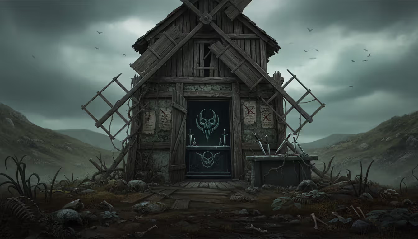 Abandoned windmill on a gloomy hillside with a sinister Bhaal shrine visible inside, ritual daggers on a stone table, a target list on the wall, dark fantasy atmosphere
