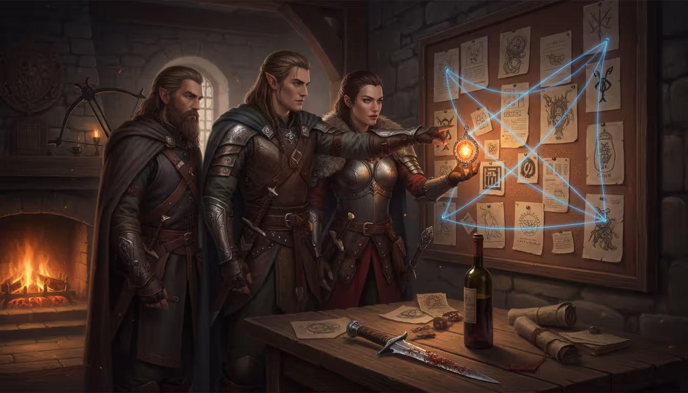 Fantasy adventurer party examining an evidence board in a medieval room, an elf pointing at connected clues, a warrior holding a glowing amulet, wine bottle and letters on the table, warm firelight
