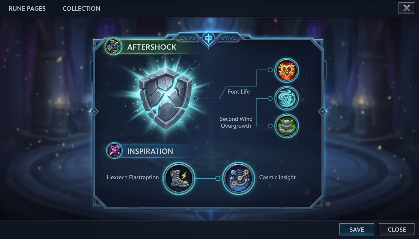 League of Legends rune page showing Resolve tree with Aftershock keystone and Inspiration secondary runes for Thresh ARAM setup