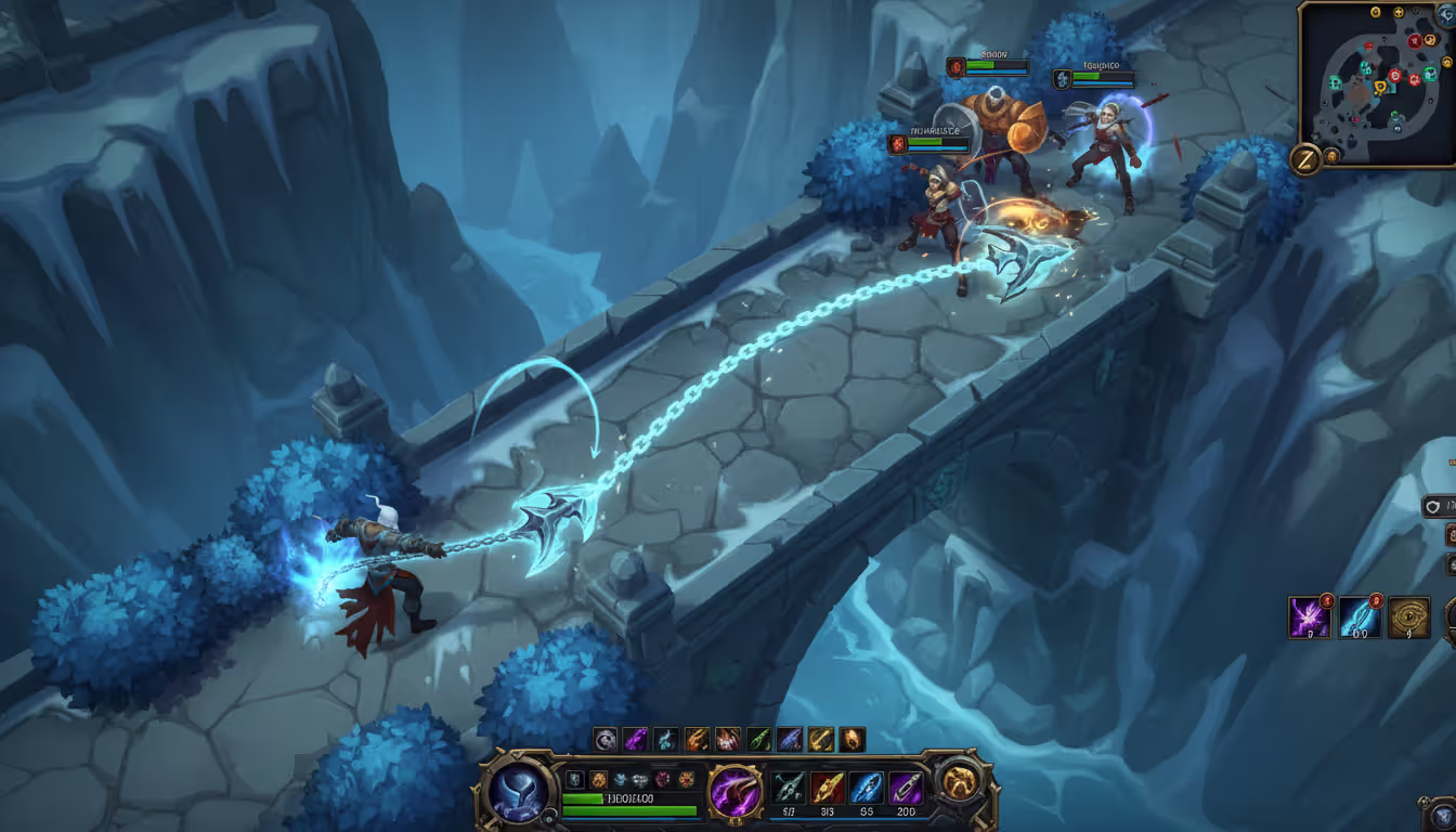 Thresh throwing Death Sentence hook from brush toward enemy champions on narrow Howling Abyss ARAM bridge