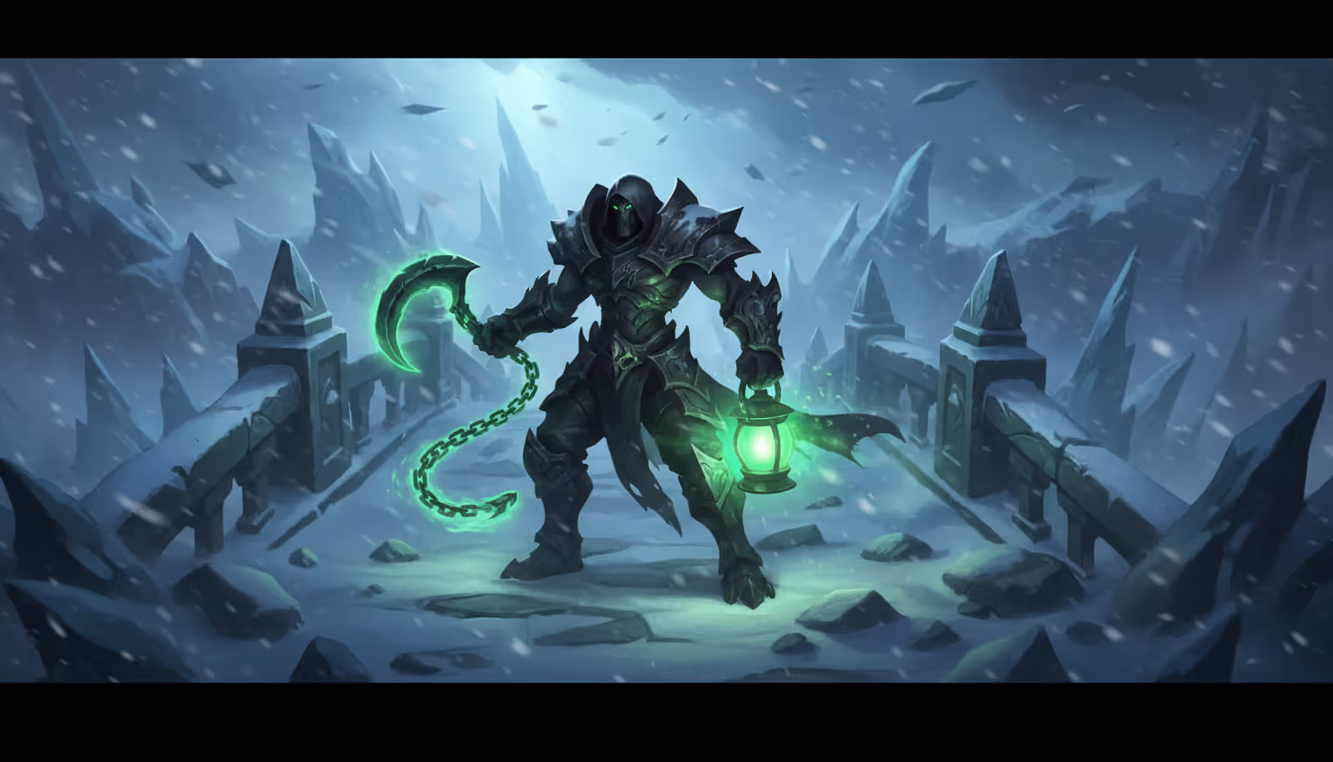 Thresh champion standing on Howling Abyss ARAM bridge holding his hook chain and glowing green lantern in a dark snowy atmosphere
