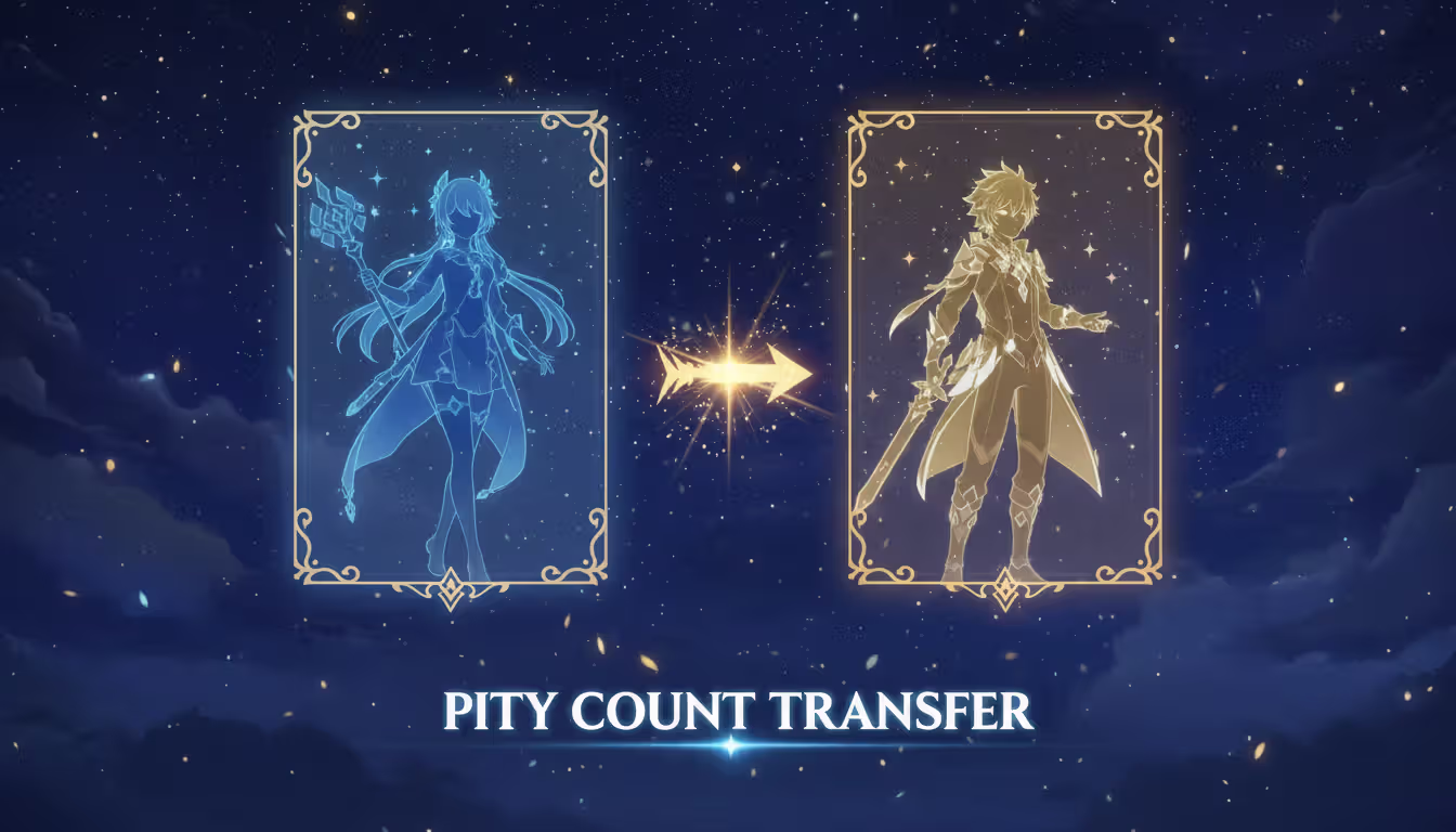 Glowing fantasy game interface showing two character banner panels with an arrow between them symbolizing pity counter transfer against a starry sky