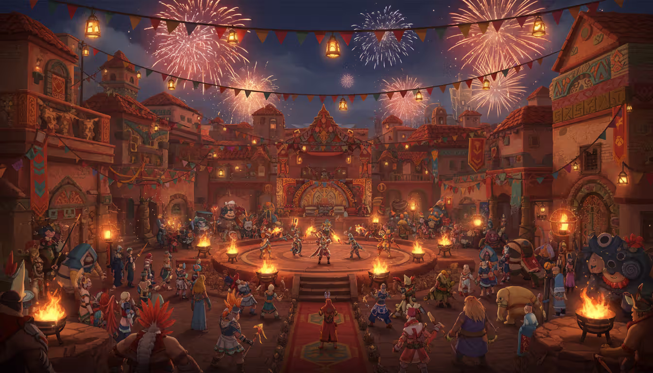 Fantasy festival scene in a Latin American inspired city with lanterns, a combat arena with warriors, fireworks in the sky and cheering crowds