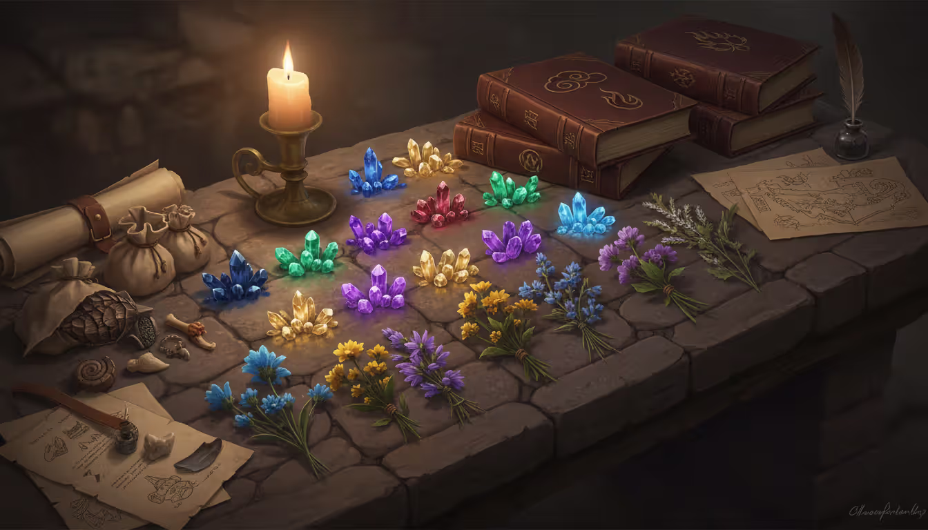 Fantasy alchemist workbench with glowing ascension crystals talent books elemental materials monster drops and regional plants arranged neatly in warm candlelight