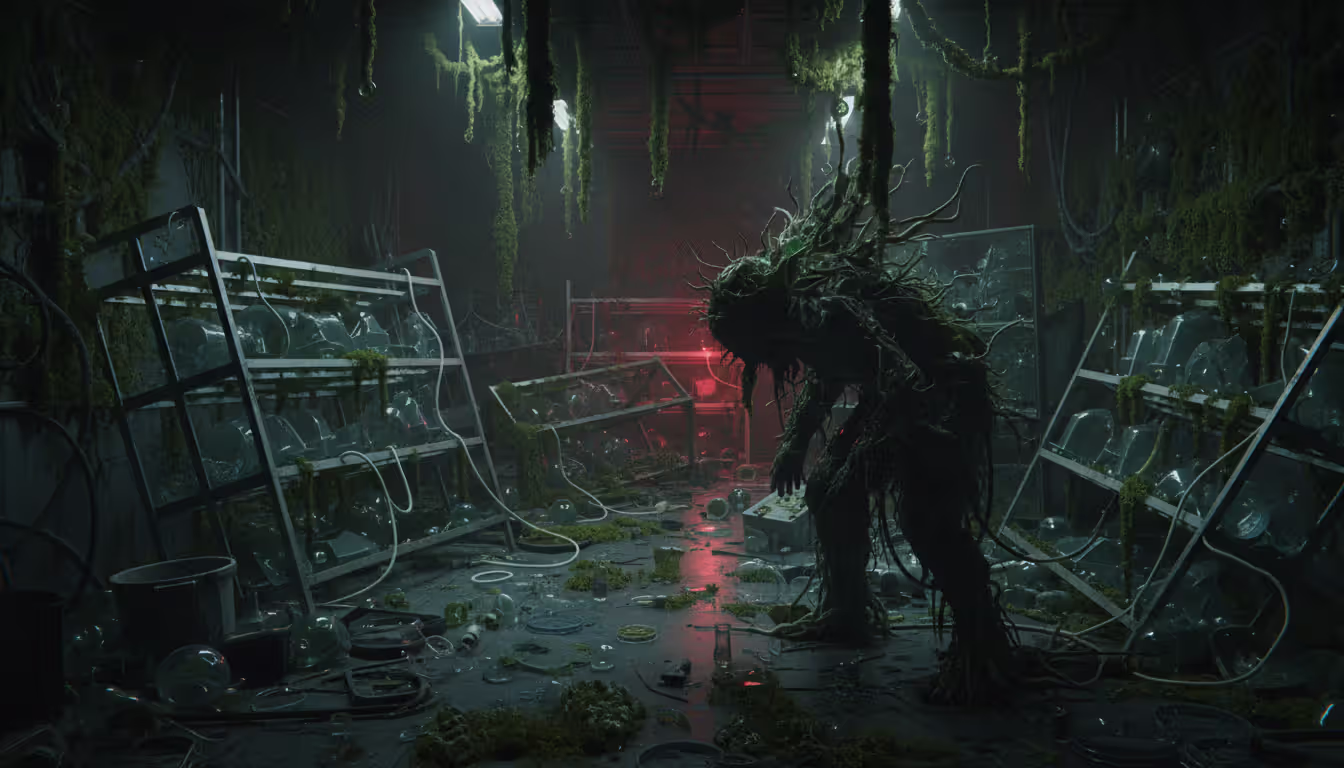 Dark underground vault laboratory overgrown with parasitic fungi and mutated plants with a spore carrier silhouette in dim emergency lighting