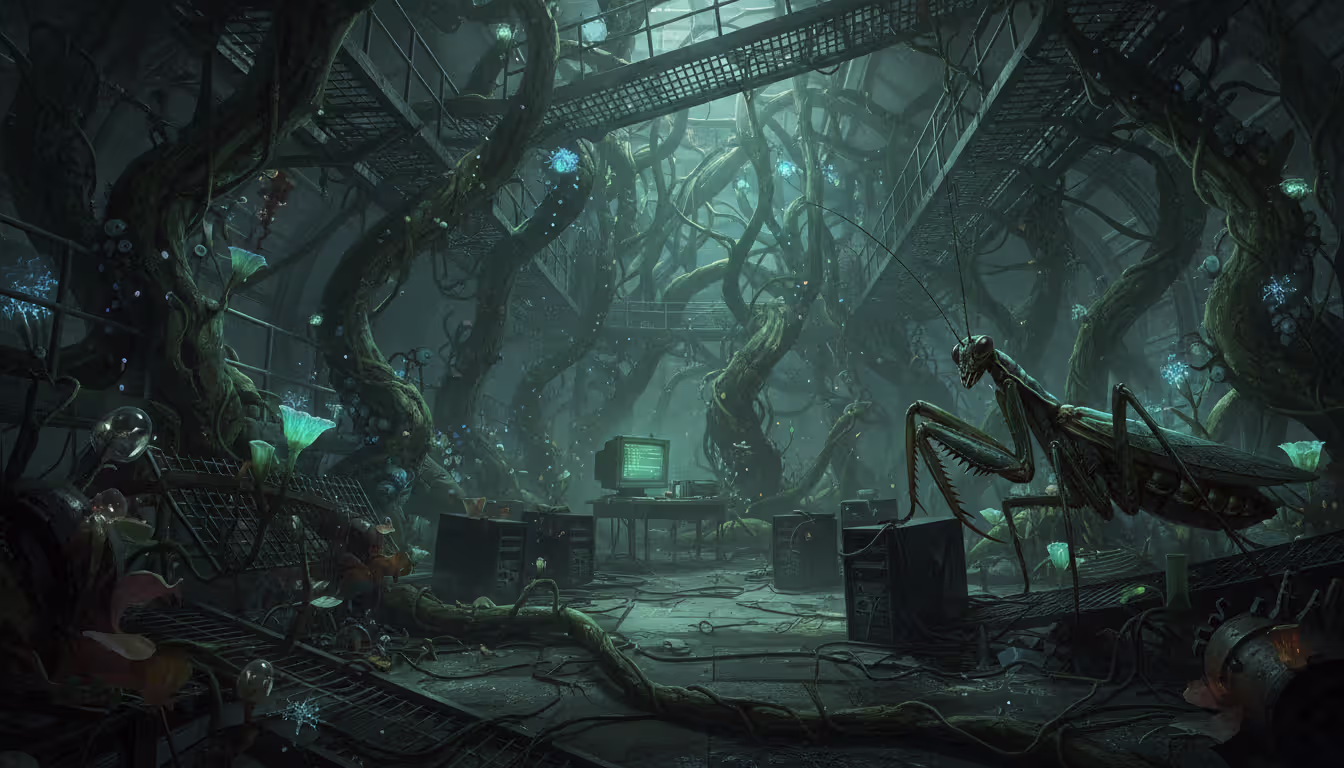 Massive underground hydroponic chamber overtaken by mutated jungle-like plants with a glowing terminal screen and a giant mantis lurking in the shadows