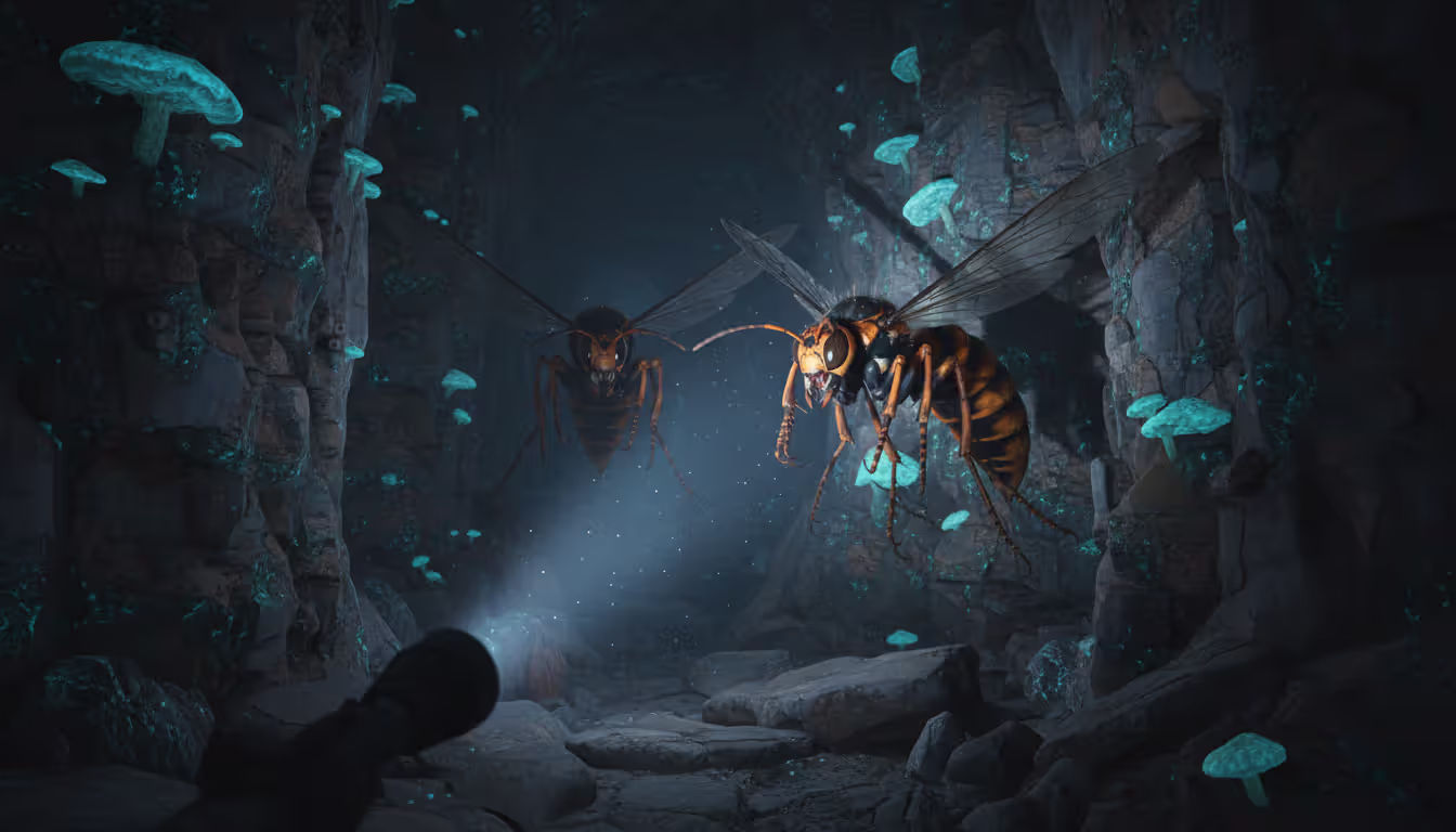Dark cave with bioluminescent spore fungi on walls and two aggressive cazadores with translucent wings flying toward a flashlight beam