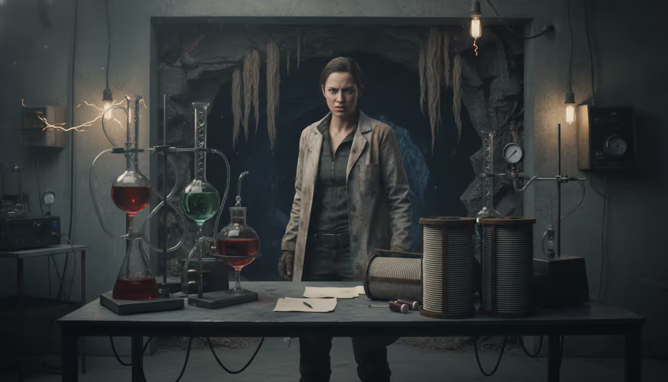 Female scientist in worn lab coat standing beside scientific equipment in an underground pest control laboratory with a dark cave entrance behind her