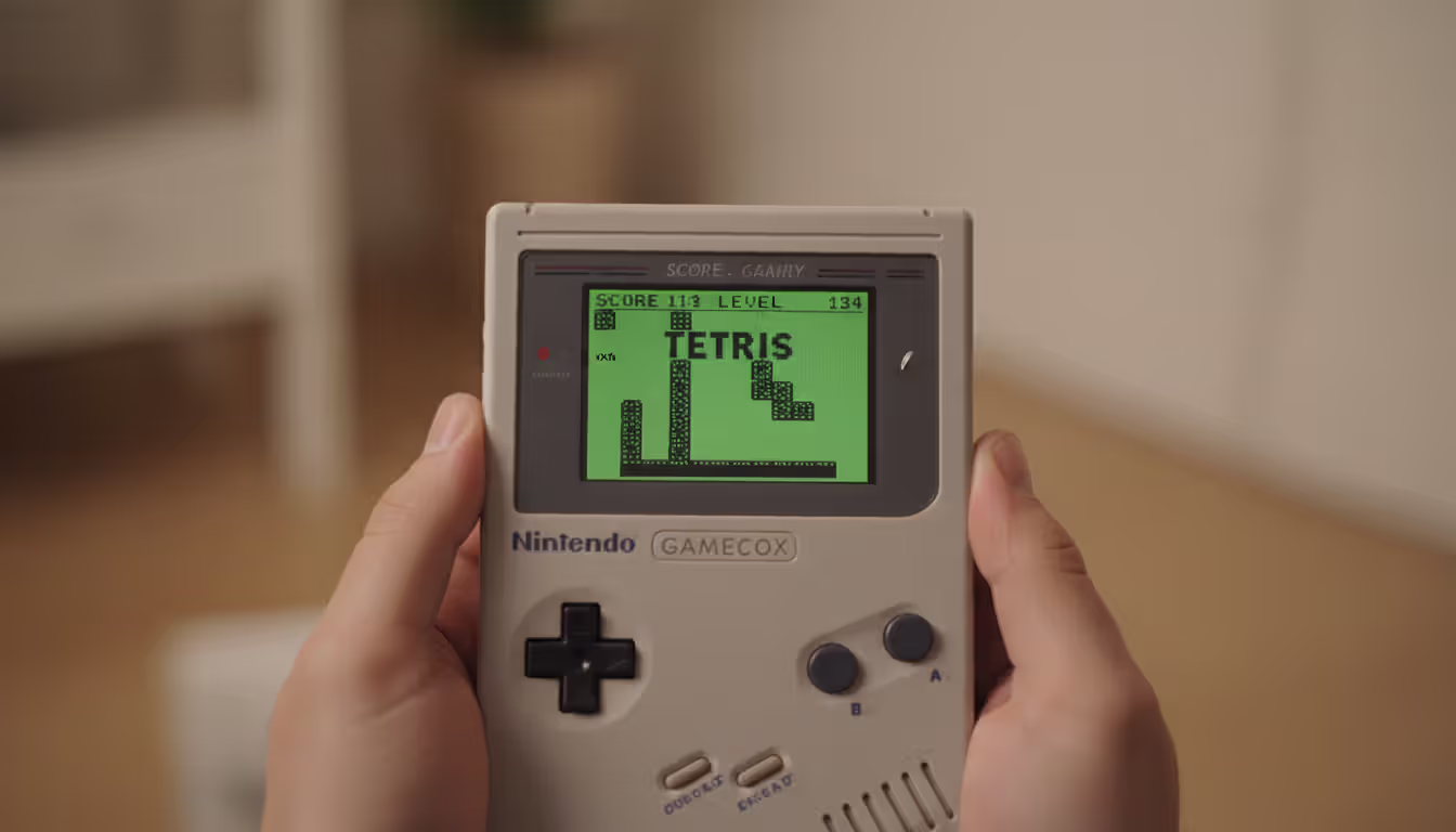 Close-up of a Game Boy screen displaying Tetris gameplay with falling blocks on a green monochrome display, hands holding the console with a blurred background