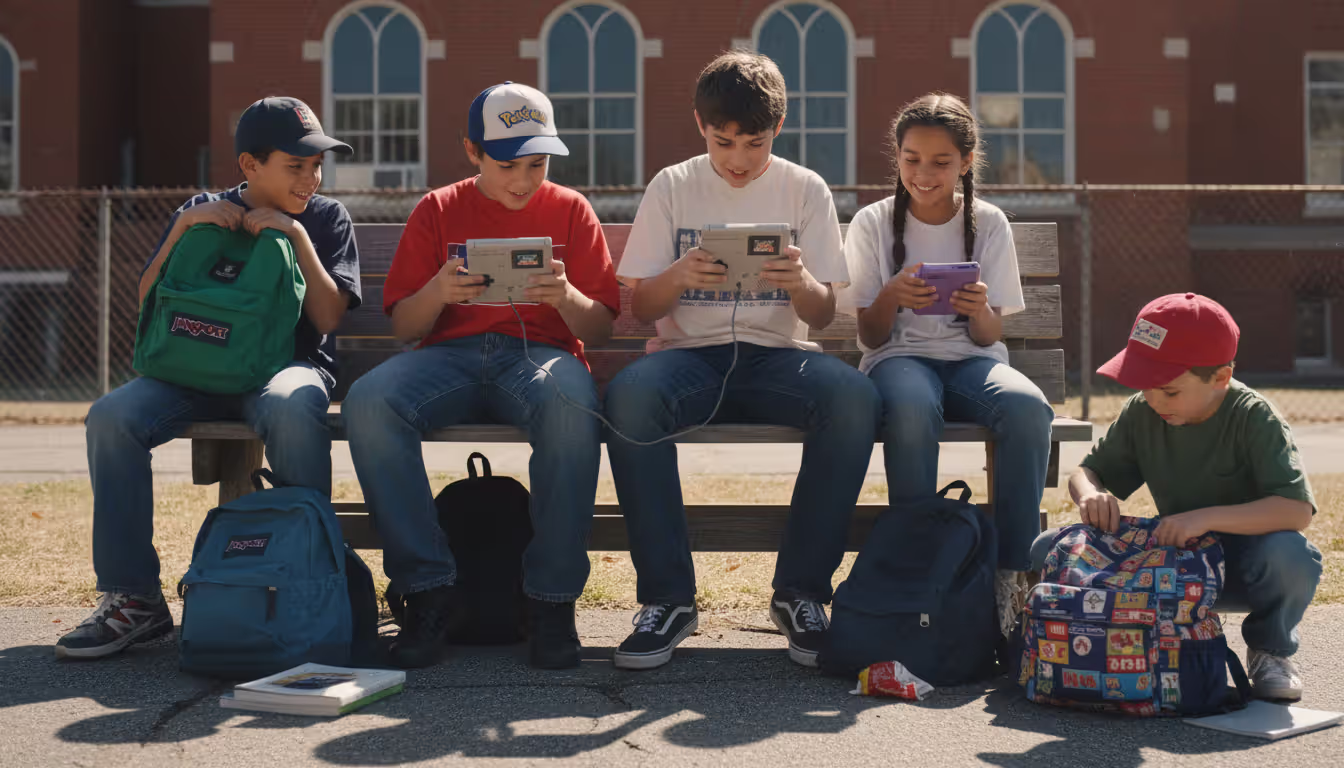 Group of 1990s kids sitting on a school bench connecting two Game Boy consoles with a link cable for Pokemon trading on a sunny schoolyard
