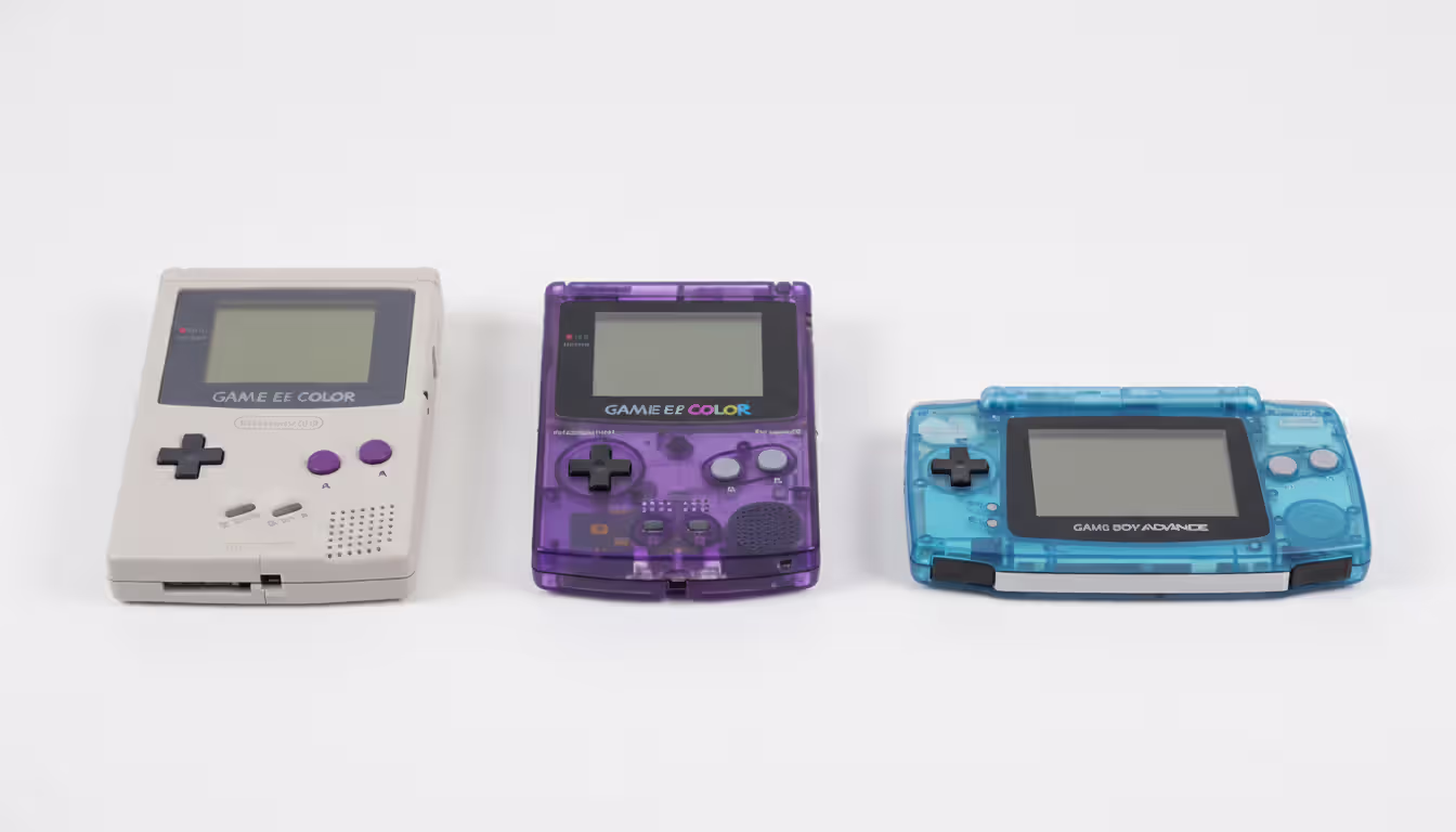 Three Nintendo handheld consoles in a row showing evolution — original gray Game Boy, Game Boy Color, and Game Boy Advance — on a clean light background