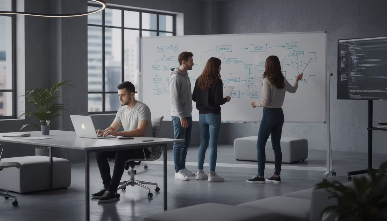 Team of four game developers collaborating around a whiteboard with flowcharts and diagrams in a modern office