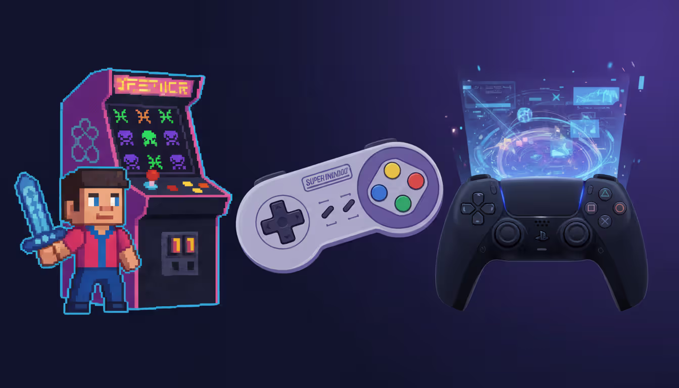 Evolution of video games illustration showing a pixel art retro character near an arcade machine, a 1990s console controller, and a modern gamepad with holographic effects on a dark blue to purple gradient background