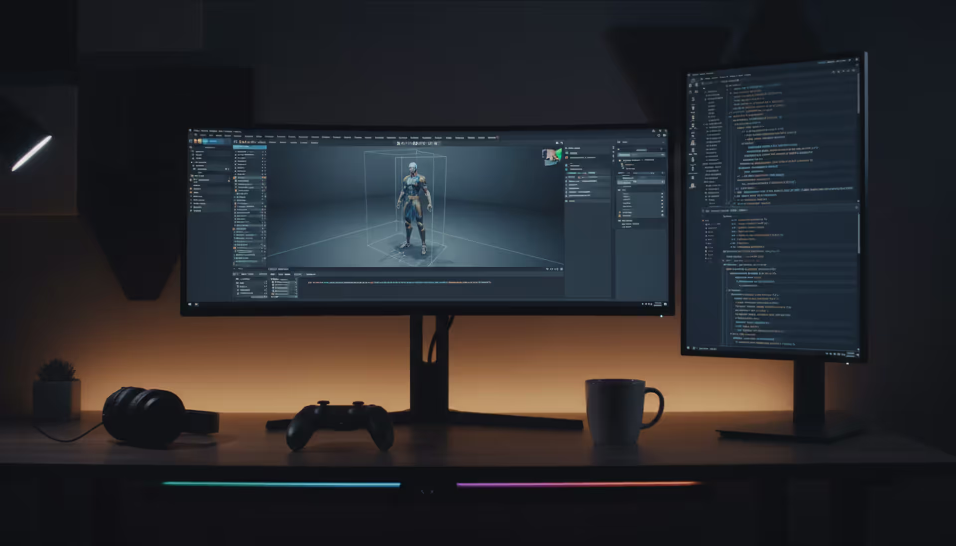 Game developer workspace with a widescreen monitor displaying a 3D game engine scene and a second monitor showing programming code, headphones and a gamepad on the desk