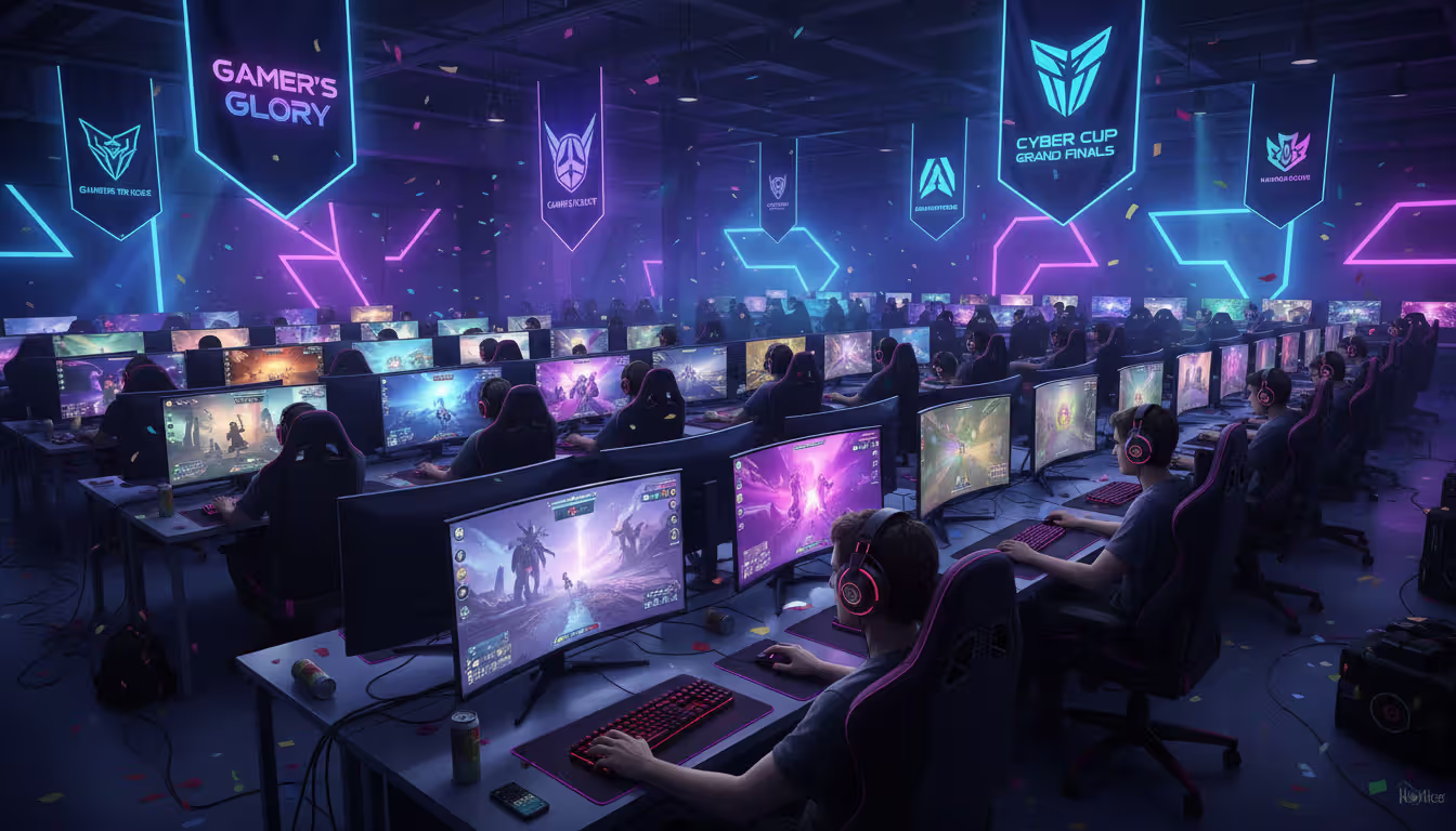 Esports arena with rows of gaming monitors, players wearing headsets competing in a tournament with neon lights in the background