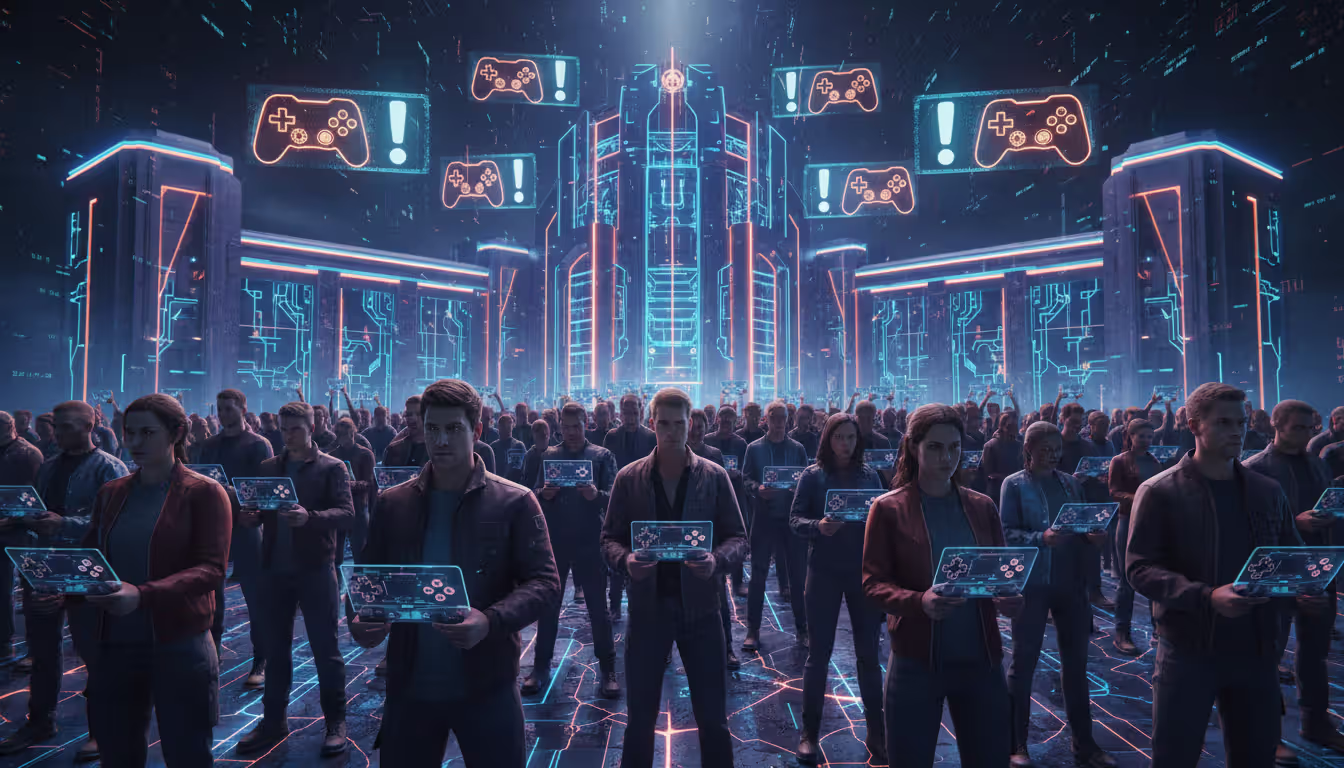 A crowd of gamers holding controllers standing in front of a government building with banners displaying gamepad symbols and exclamation marks in a modern realistic style