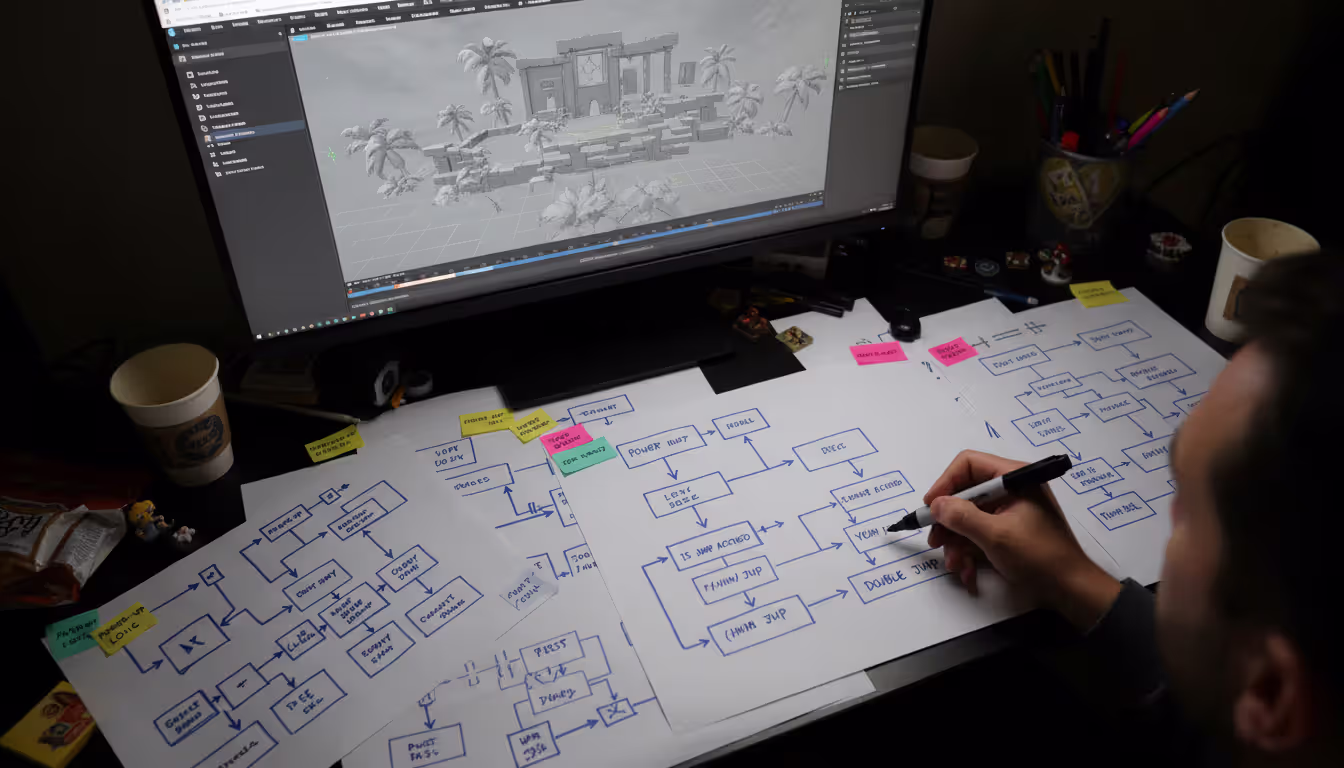 A game designer workspace with hand-drawn mechanic flowcharts on paper, sticky notes, and a monitor showing a game engine level prototype in the background