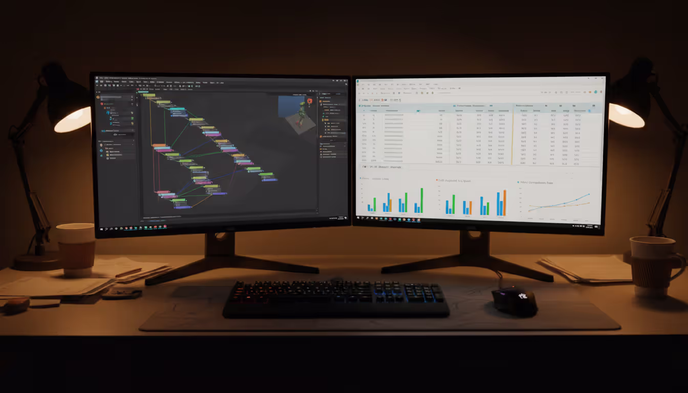 A computer screen showing a game engine visual scripting interface with connected nodes, and a second monitor displaying a spreadsheet with colorful data charts