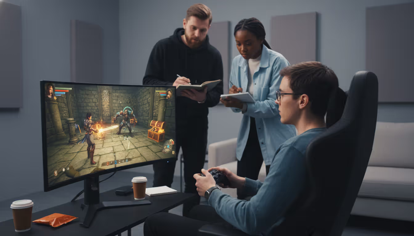 A playtesting session where one person plays a fantasy dungeon game on a monitor while two observers stand behind taking notes in a testing room