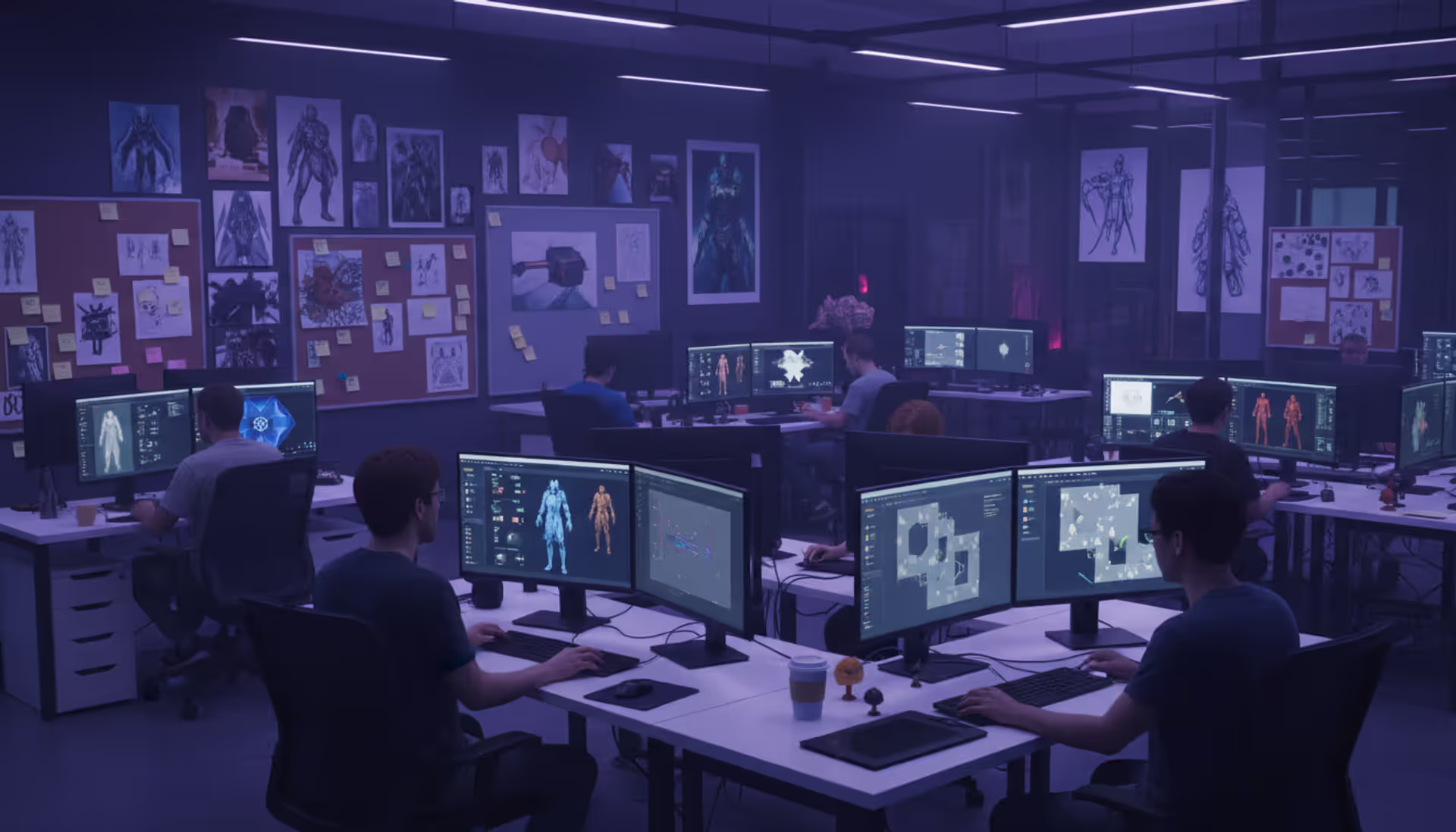 A modern game development studio with designers working at large monitors displaying 3D level prototypes, concept art on walls, and soft blue-purple neon ambient lighting