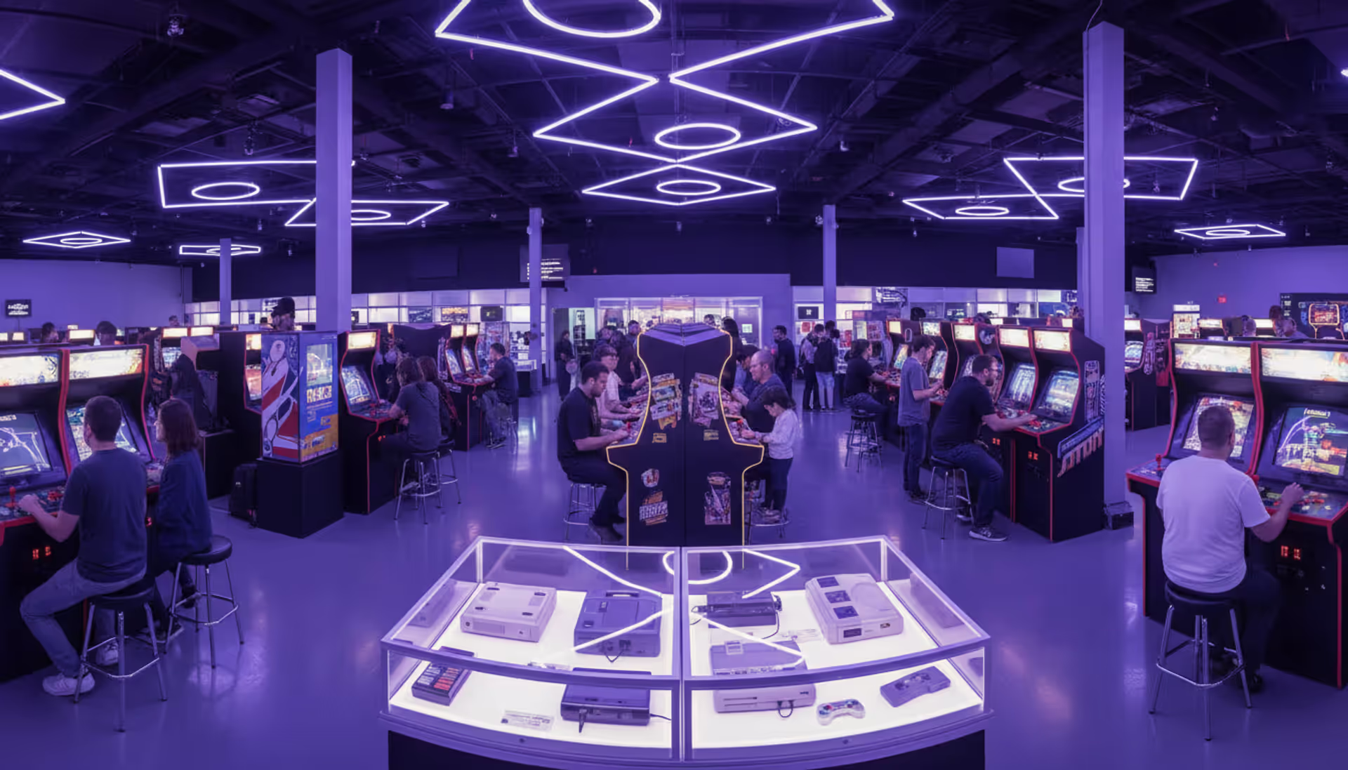 Spacious video game museum hall with rows of glowing arcade cabinets, glass display cases with retro consoles, and visitors of different ages playing games under neon purple and blue lighting