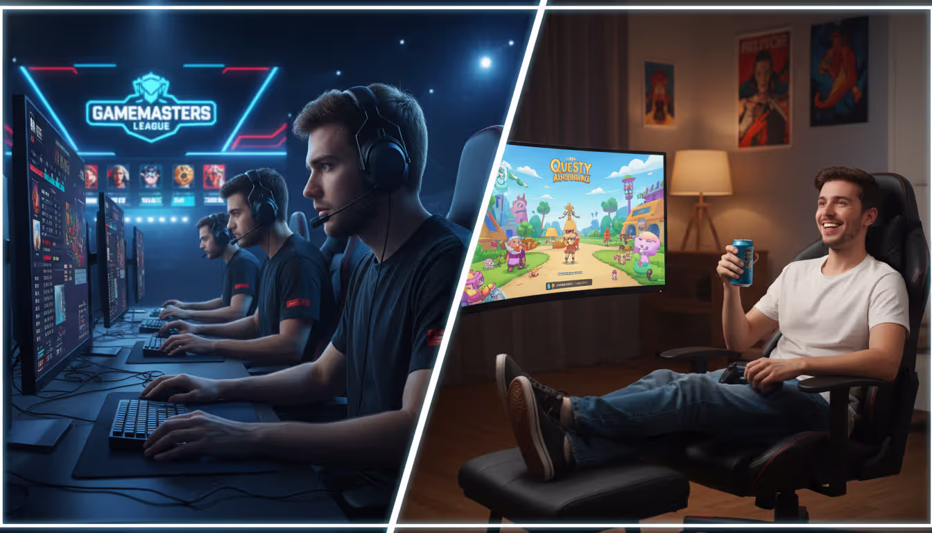 Split screen showing intense competitive gaming on the left and relaxed casual gaming on the right to contrast different playing modes