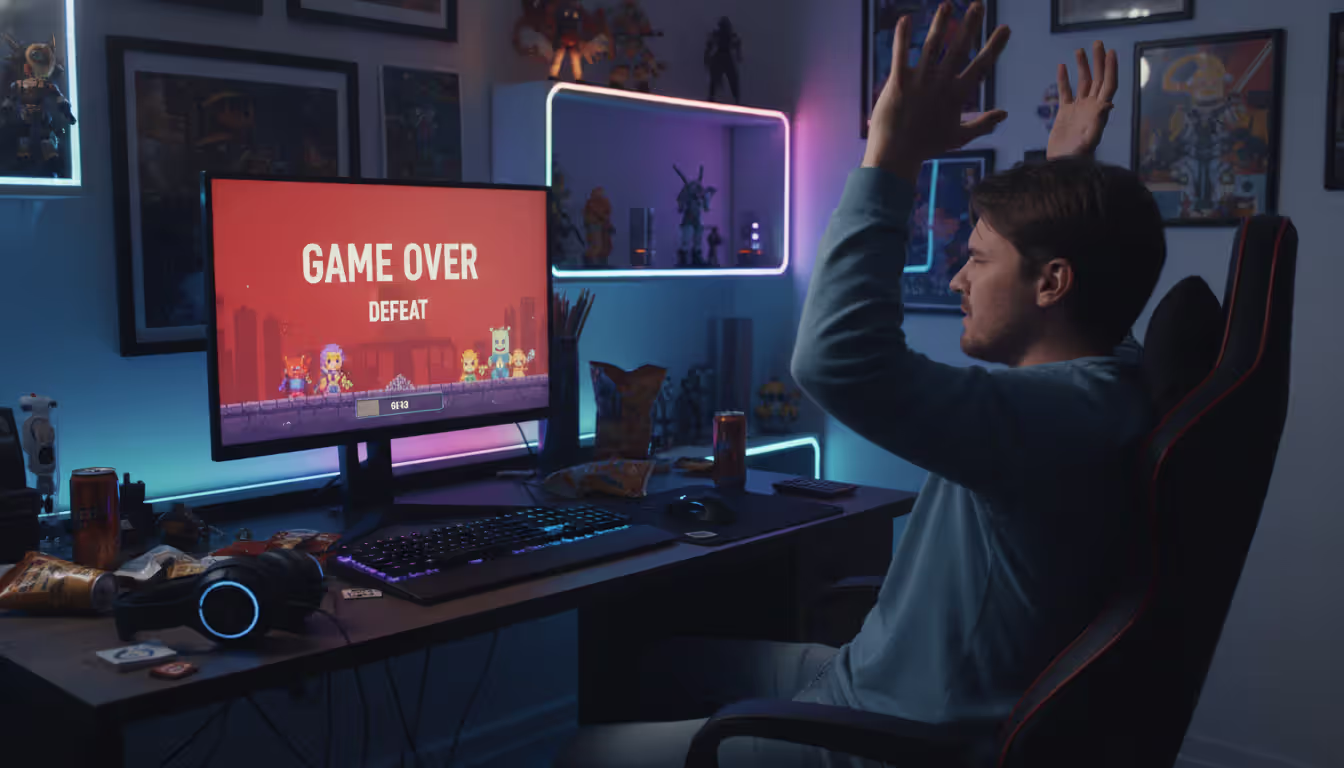 A frustrated gamer pushing away from their desk with hands raised while the monitor shows a game defeat screen in a dim RGB-lit room
