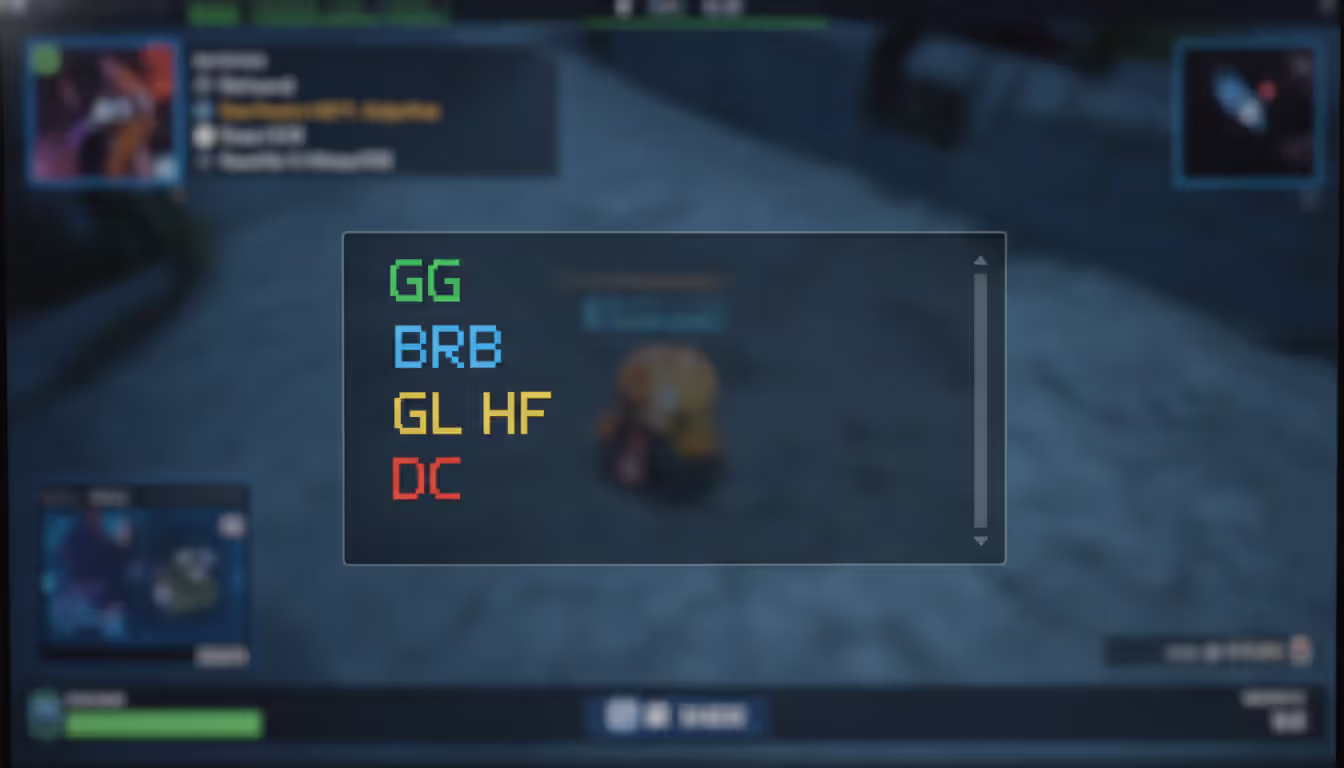Close-up of an in-game chat window on a monitor displaying colorful gaming abbreviations like GG, BRB, GL HF, and DC against a blurred game interface background