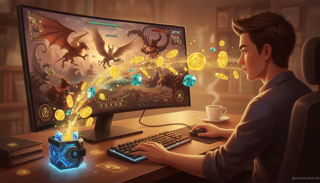 A player sitting at a computer screen showing a fantasy game interface with stylized coins and tokens flying from the screen into a digital wallet on the desk