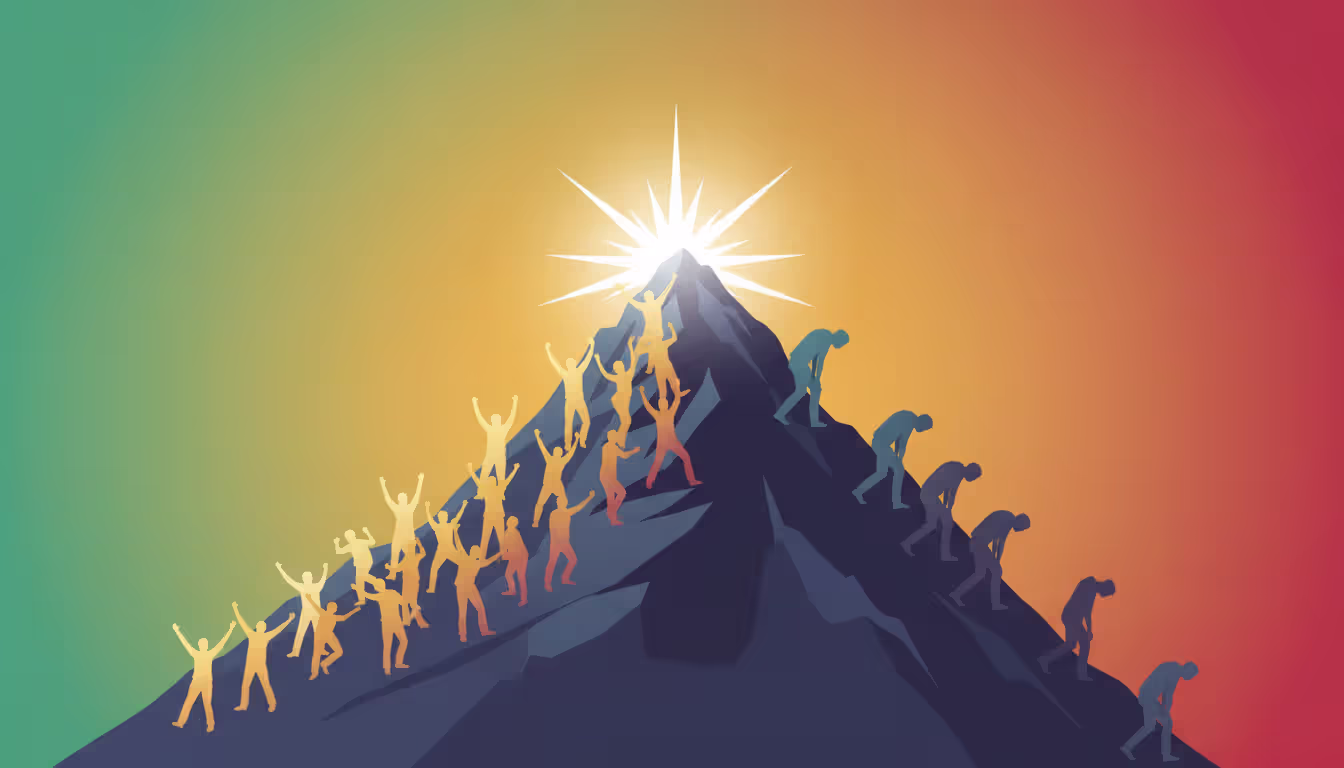 A stylized mountain-shaped graph illustrating rise and fall with enthusiastic player silhouettes climbing up on the left, a bright burst at the peak, and faded figures walking away on the declining right side