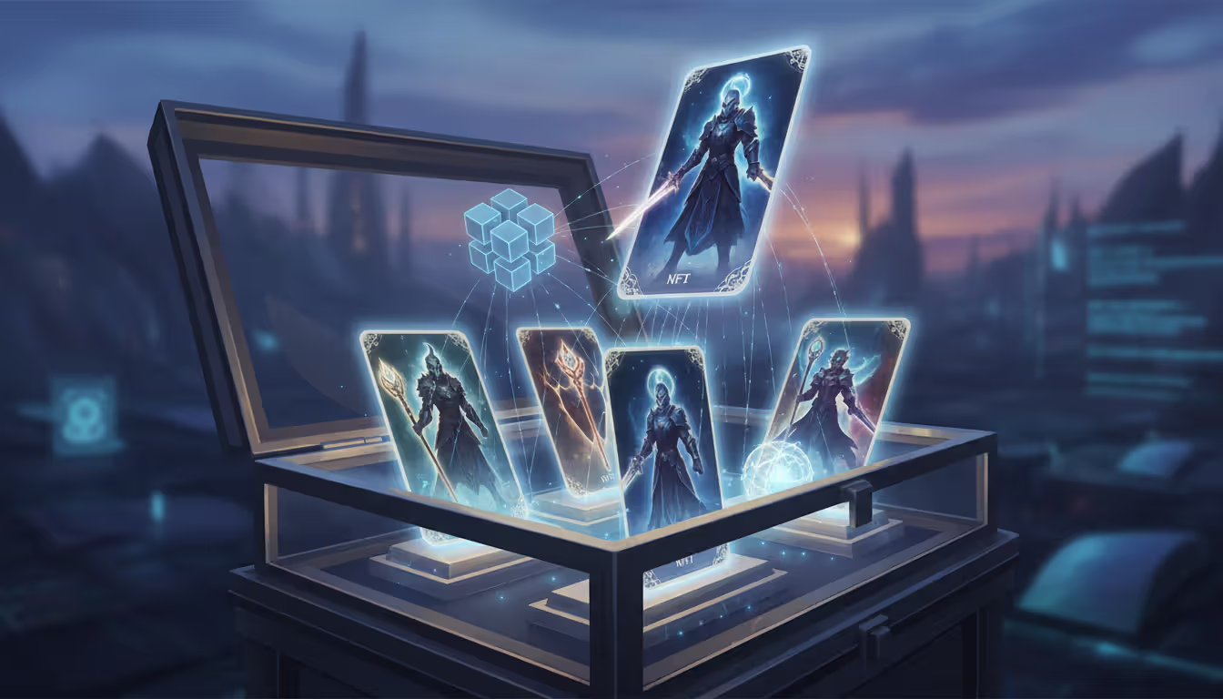 An open display case with glowing NFT cards featuring fantasy warriors and magical items, one card hovering above connected by digital threads to a blockchain symbol with soft blue and gold lighting