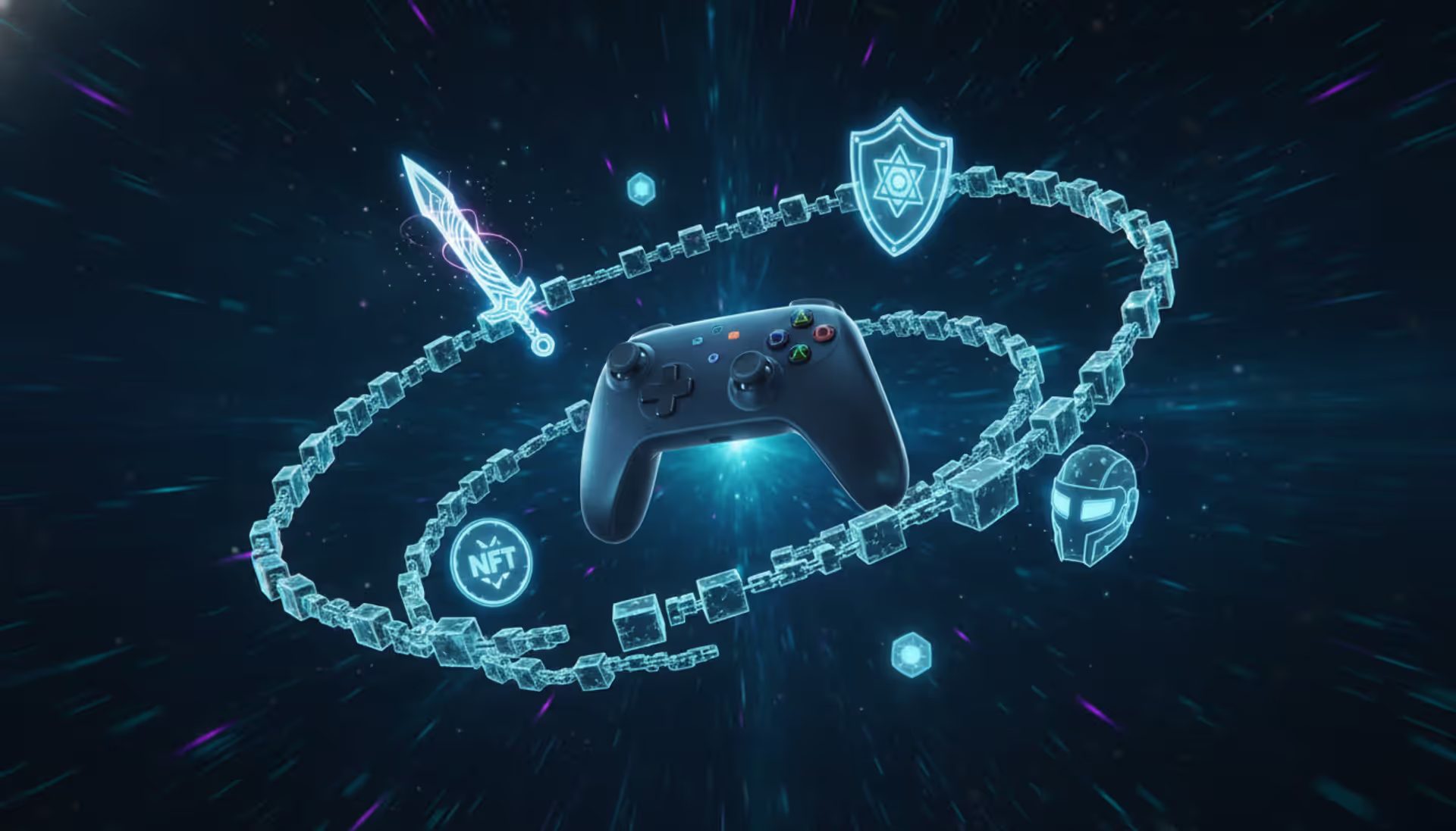 A game controller floating in dark digital space surrounded by glowing blockchain blocks and NFT gaming items like a sword, shield, and helmet with neon blue and purple accents
