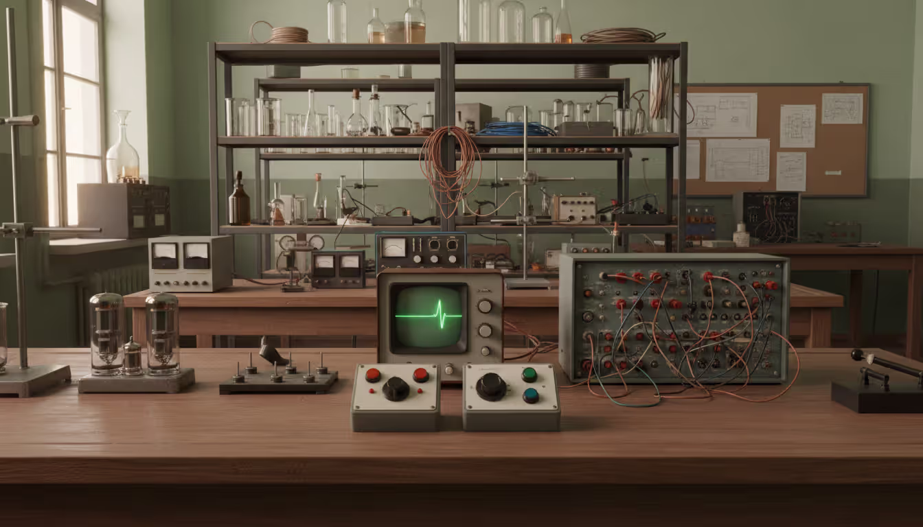Vintage 1950s laboratory room with oscilloscope displaying simple tennis game graphics, analog computer equipment, and two handheld controllers on a desk