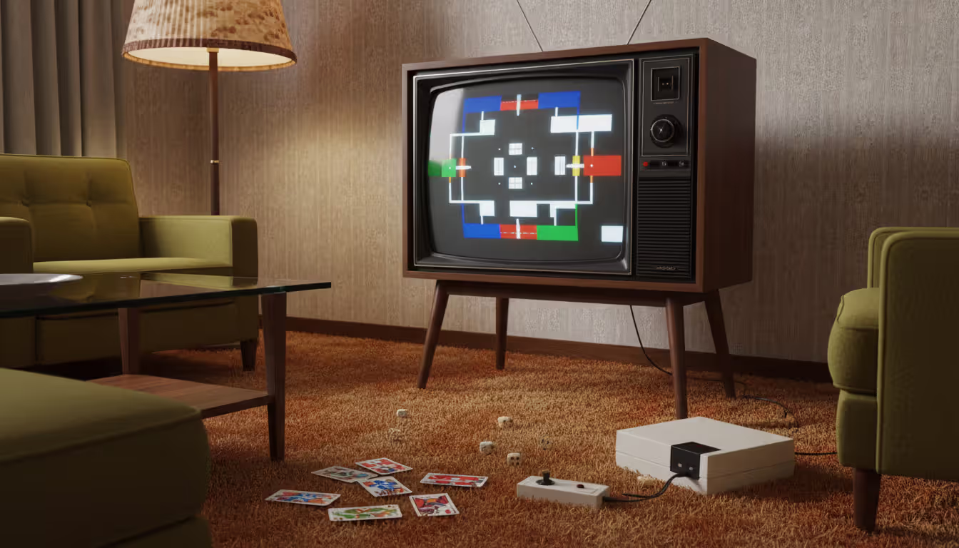 1970s living room with vintage TV showing simple white graphics with colored screen overlay, Magnavox Odyssey-style console, controllers, cards and dice on carpet