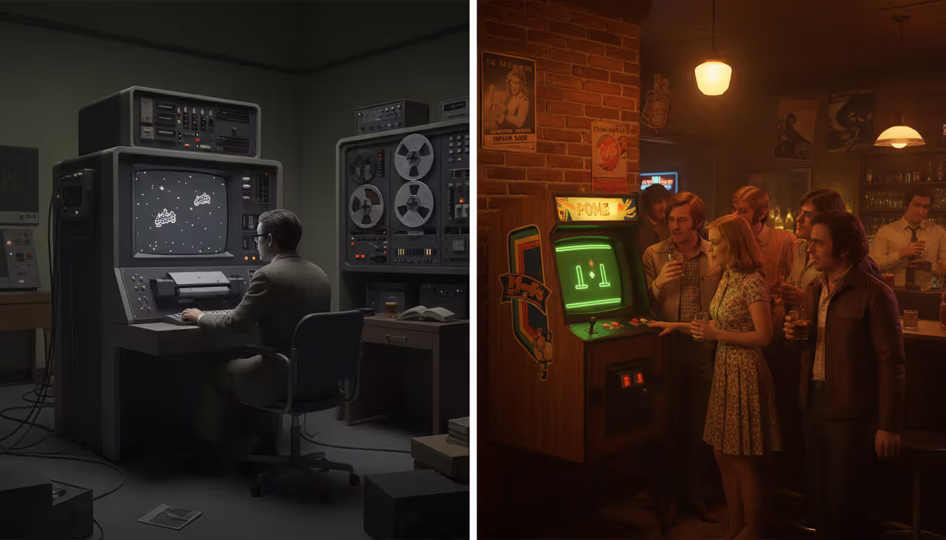 Split image comparing 1960s university computer lab with Spacewar on mainframe screen and 1970s bar with Pong arcade cabinet surrounded by patrons