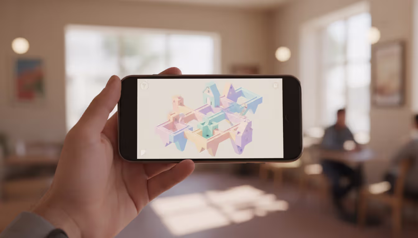 Hand holding a smartphone horizontally showing an isometric puzzle game with impossible pastel-colored architecture in a blurred cafe background