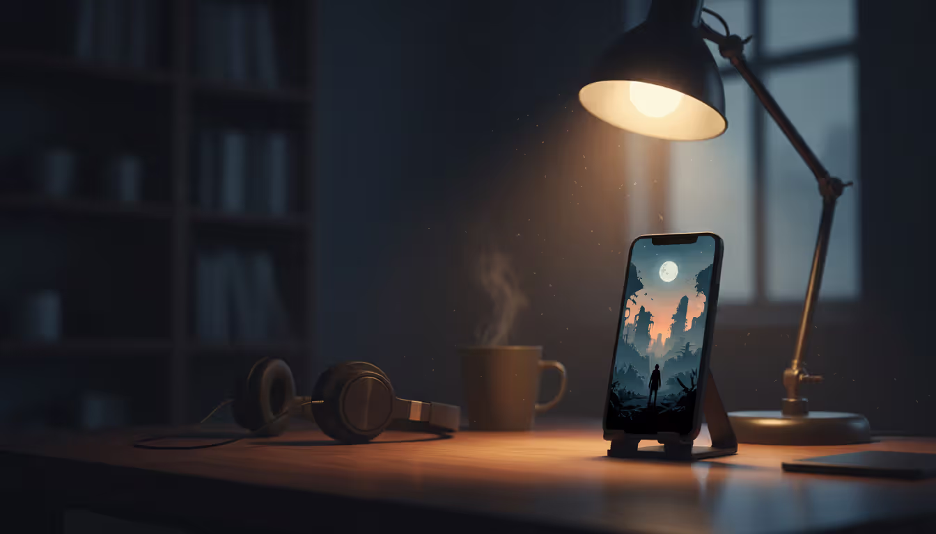 Smartphone on a stand in a dimly lit room displaying a dark atmospheric game scene with ruined building silhouettes and a solitary figure illuminated by a desk lamp