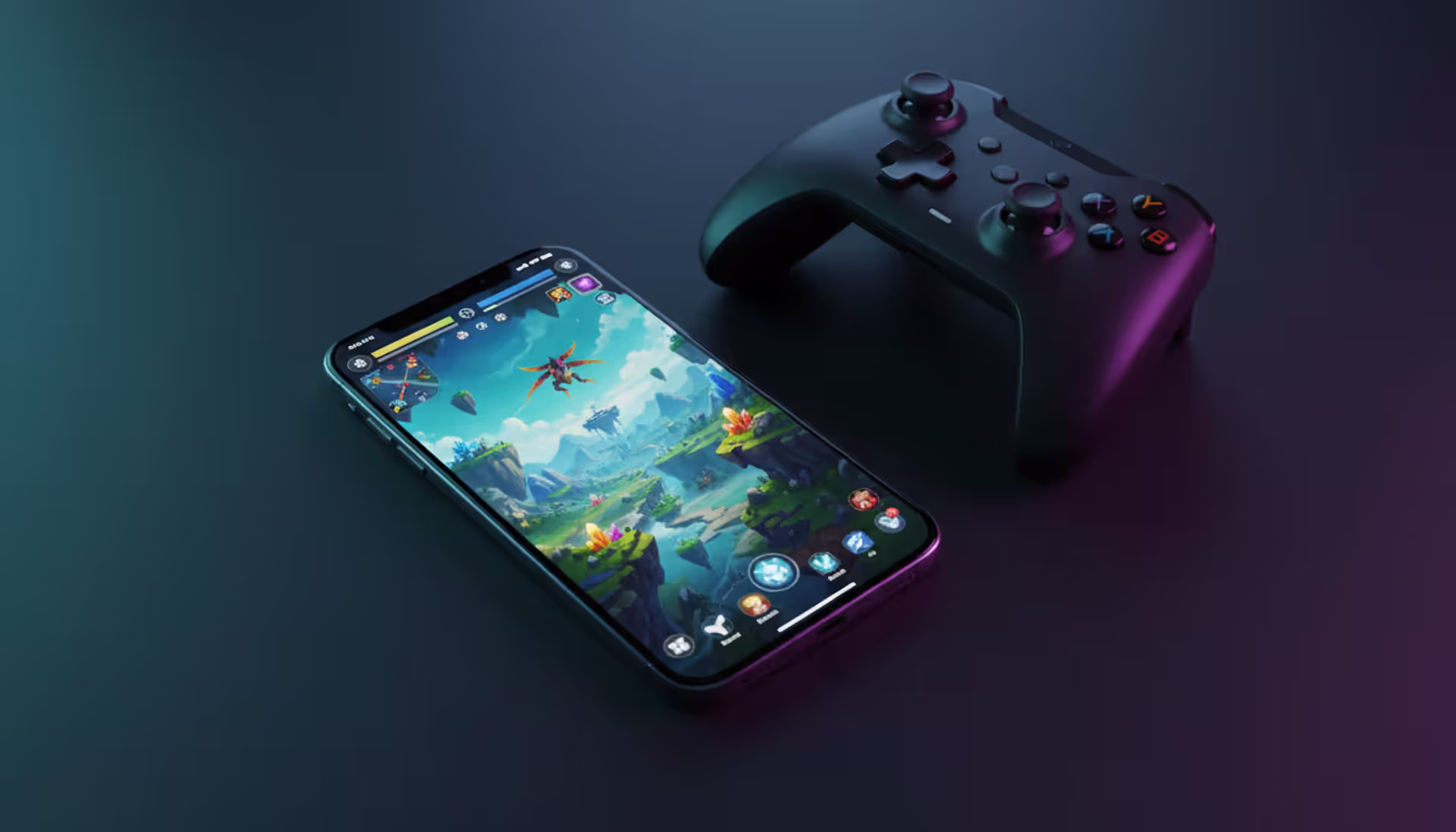 Modern smartphone displaying a vibrant fantasy game scene on a dark desk next to a wireless gaming controller with neon blue and purple ambient lighting
