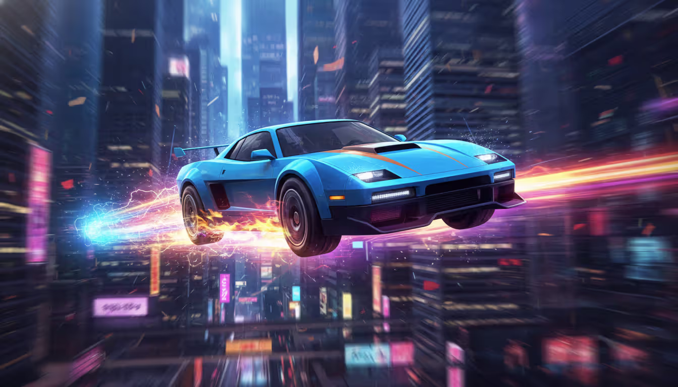 A sports car mid-air jumping over a city skyline with skyscrapers, bright tire trails and motion blur effect, vibrant digital illustration style, side-front view